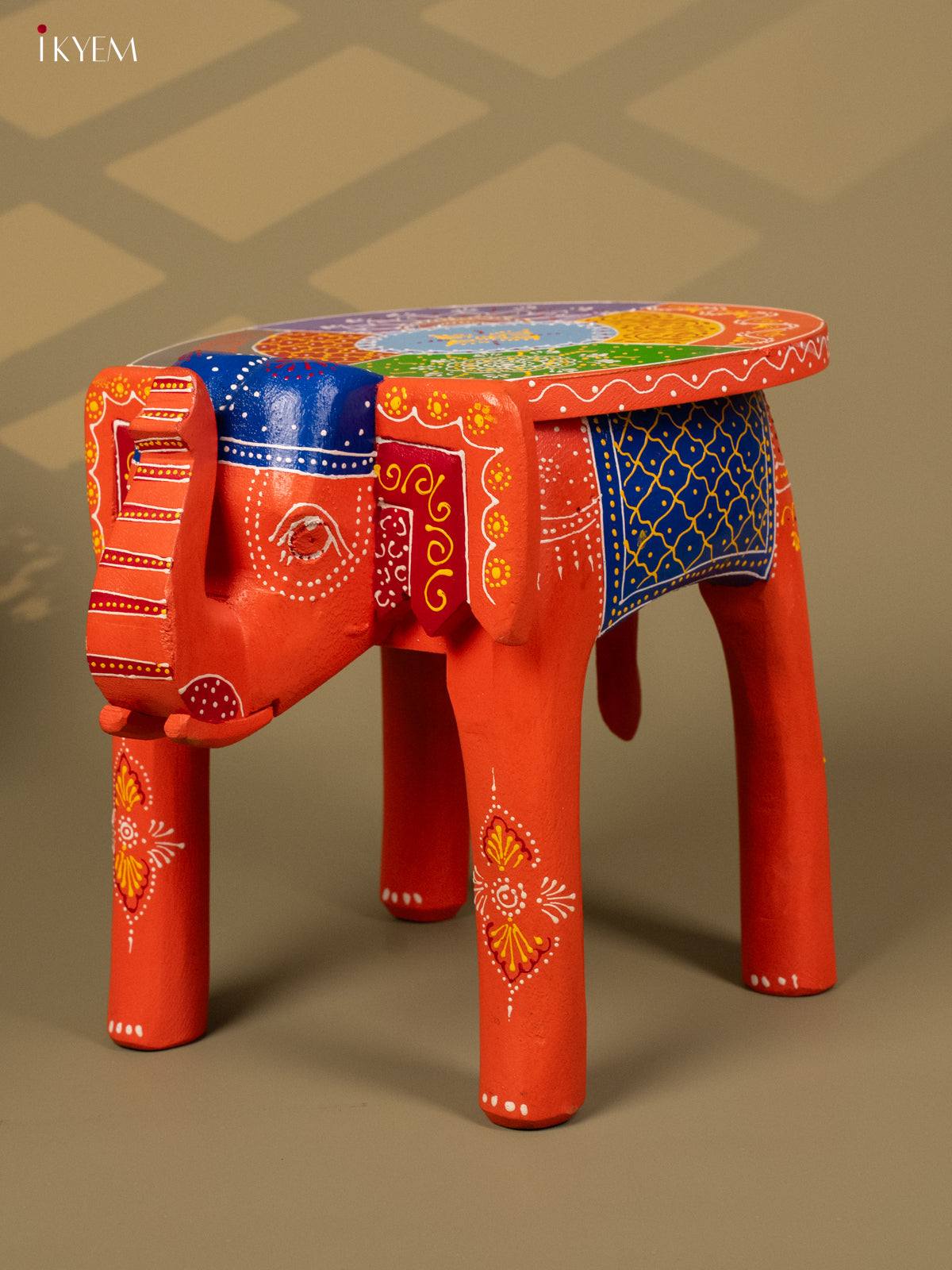 Hand Painted Elephant Stool - Orange - 12 inch - KA30127