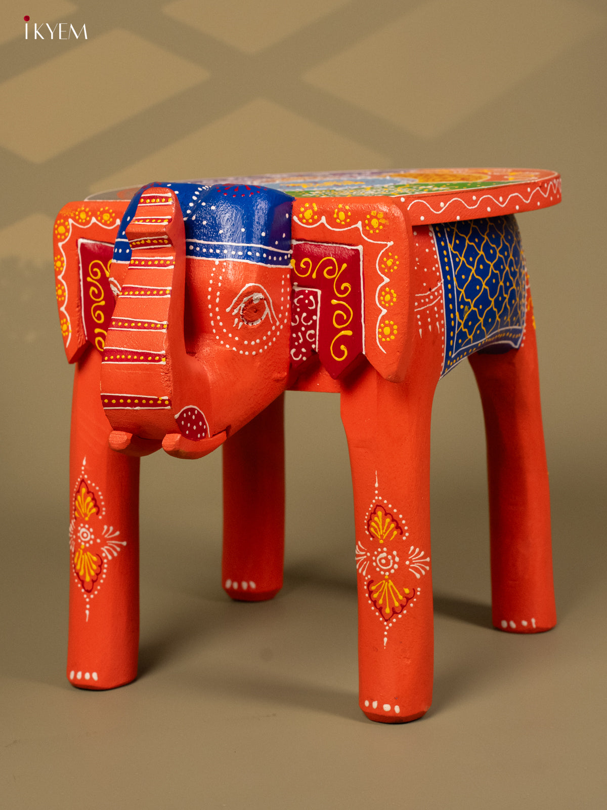 Hand Painted Elephant Stool - Orange - 12 inch - KA30127