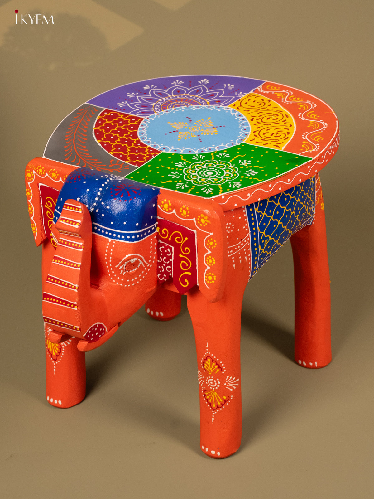 Hand Painted Elephant Stool - Orange - 12 inch - KA30127