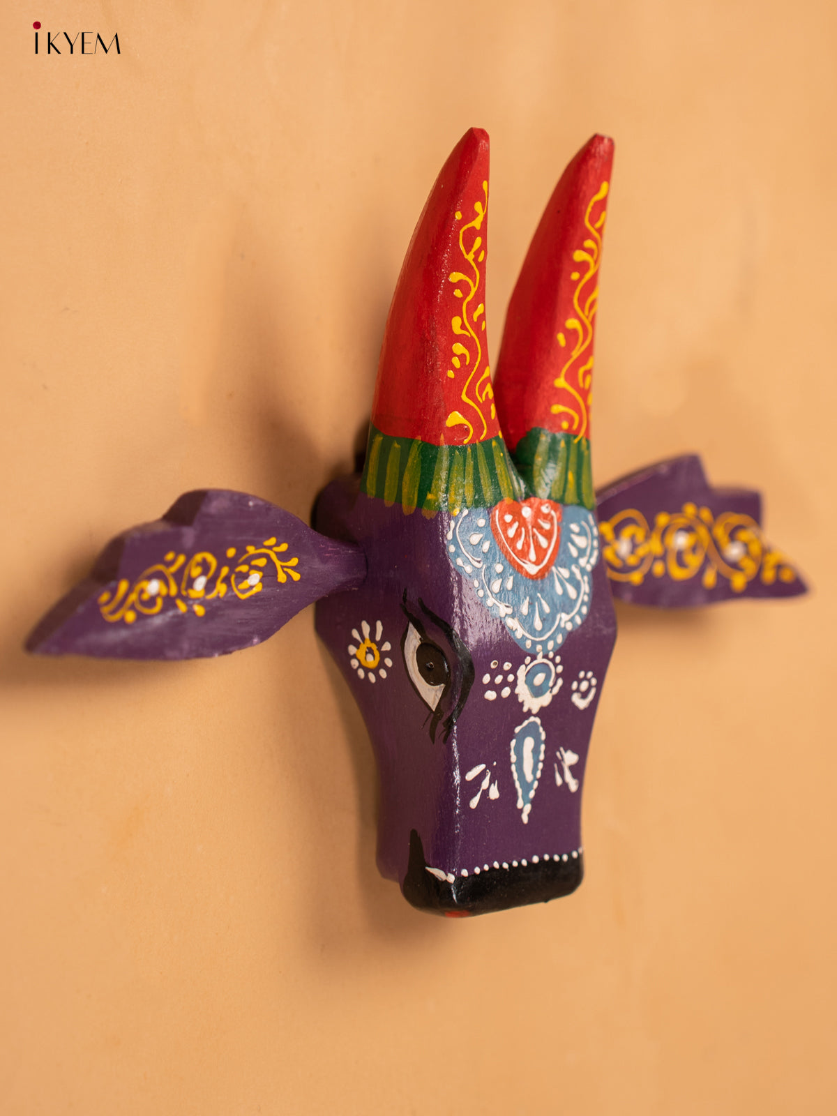 Hand Painted Wooden Cow Head - Violet - 6inch - KA30147