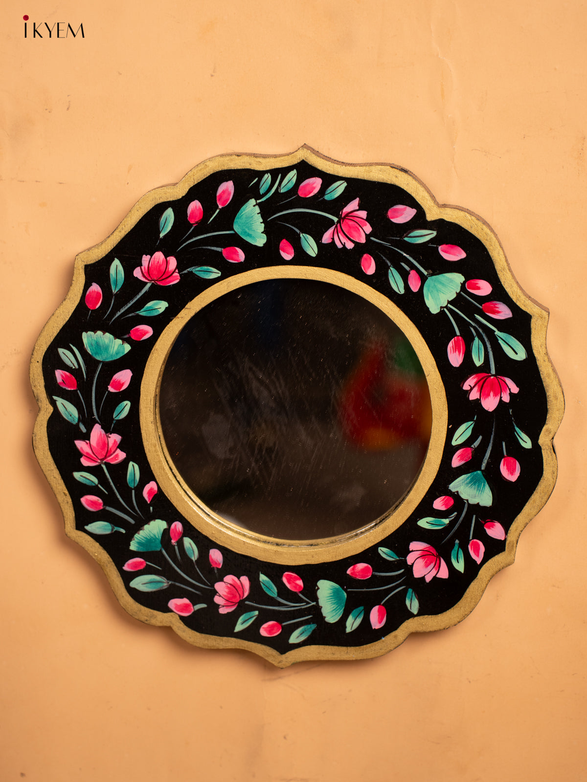 Wooden Hand Painted Round Mirror Frame - 11 inch - Black - KA30150