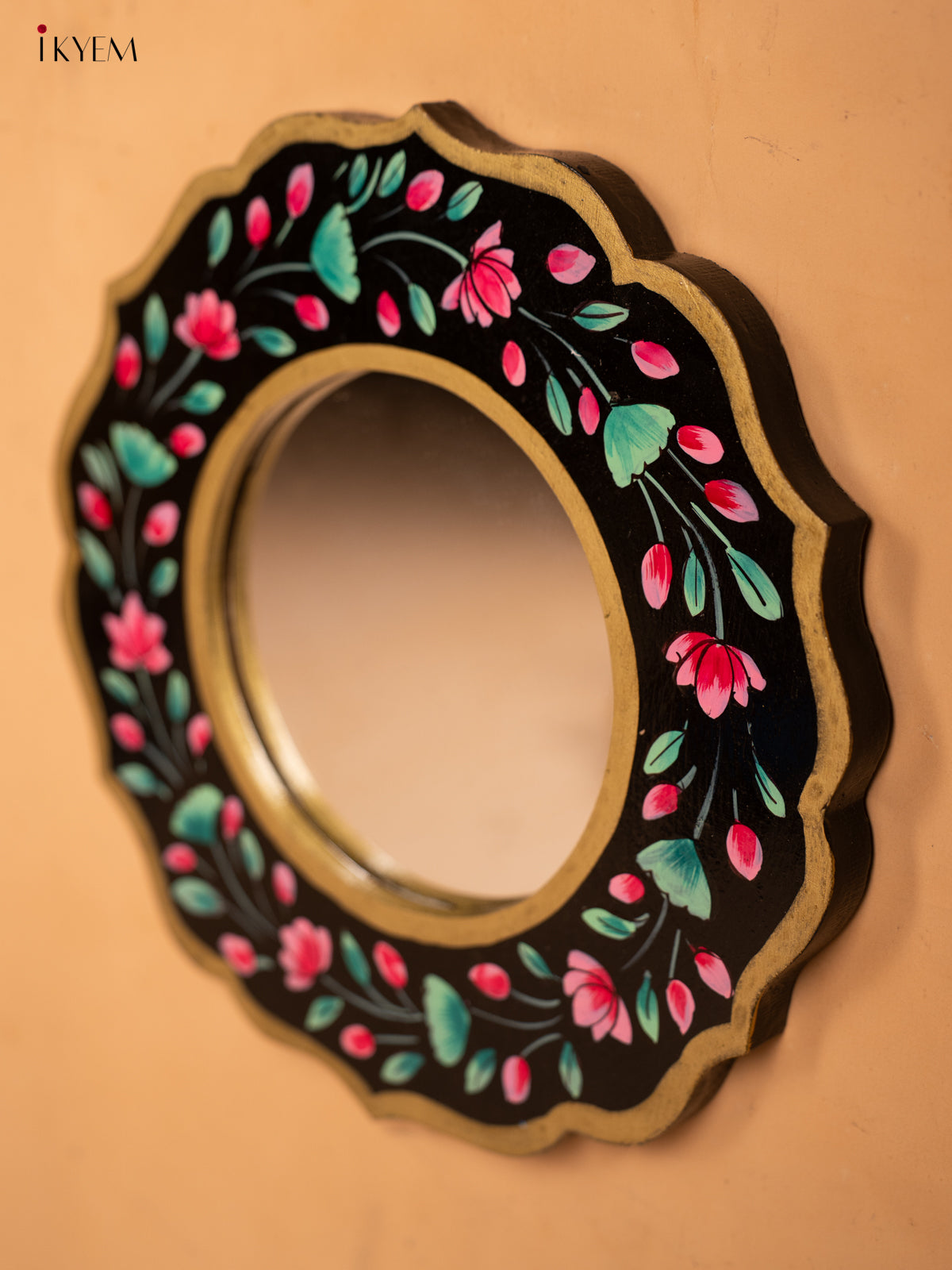 Wooden Hand Painted Round Mirror Frame - 11 inch - Black - KA30150