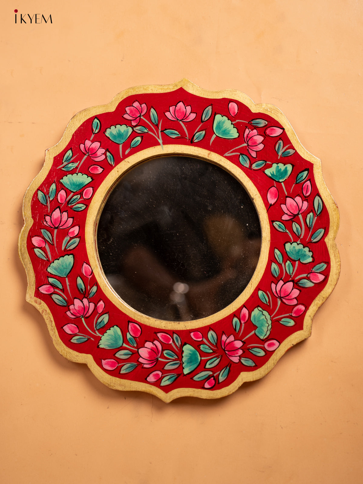 Wooden Hand Painted Round Mirror Frame - 11 inch - Red -KA30151