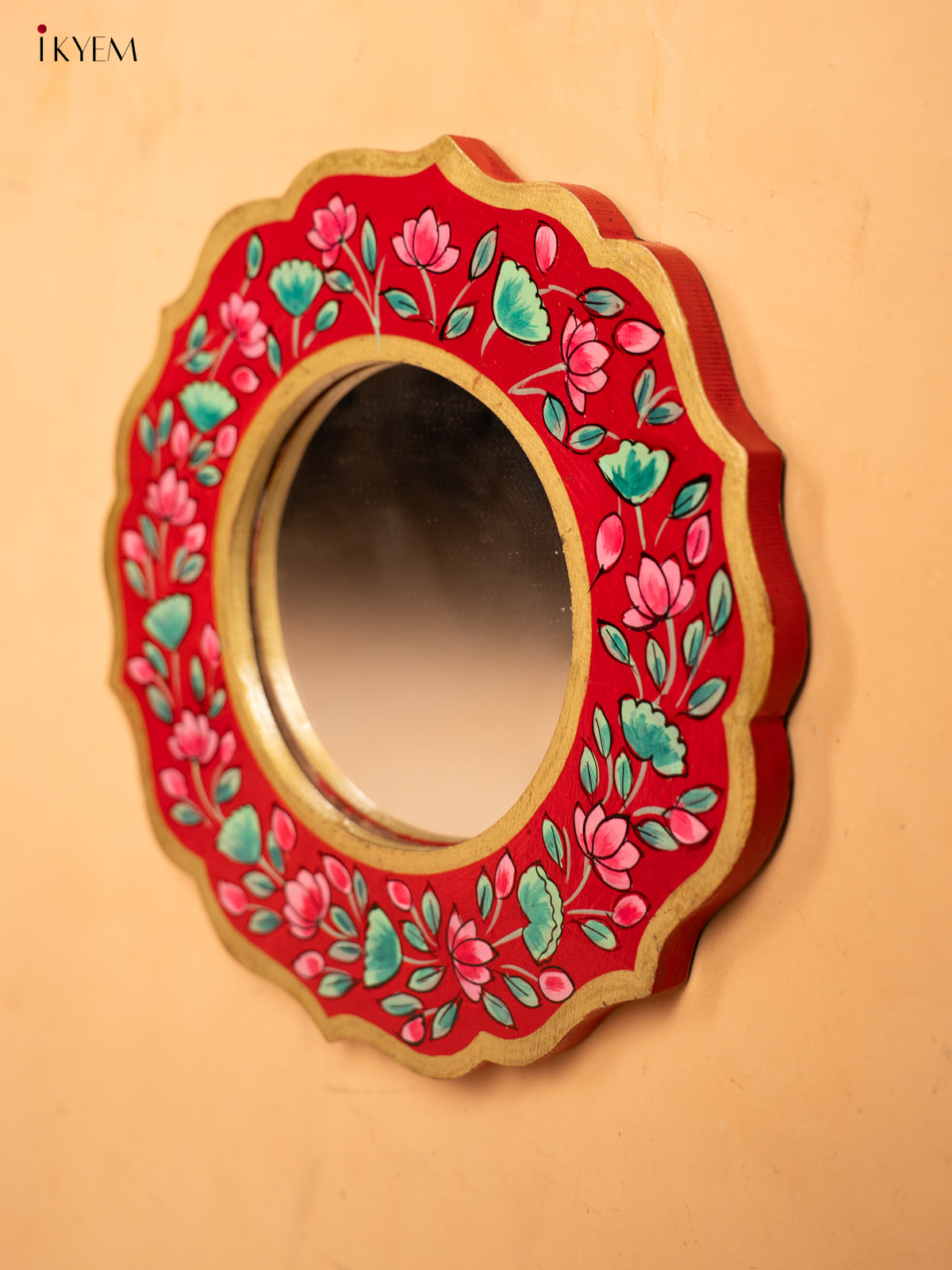 Wooden Hand Painted Round Mirror Frame - 11 inch - Red -KA30151