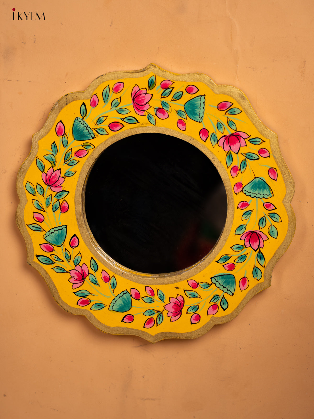 Wooden Hand Painted Round Mirror Frame - 11 inch - Yellow - KA30152