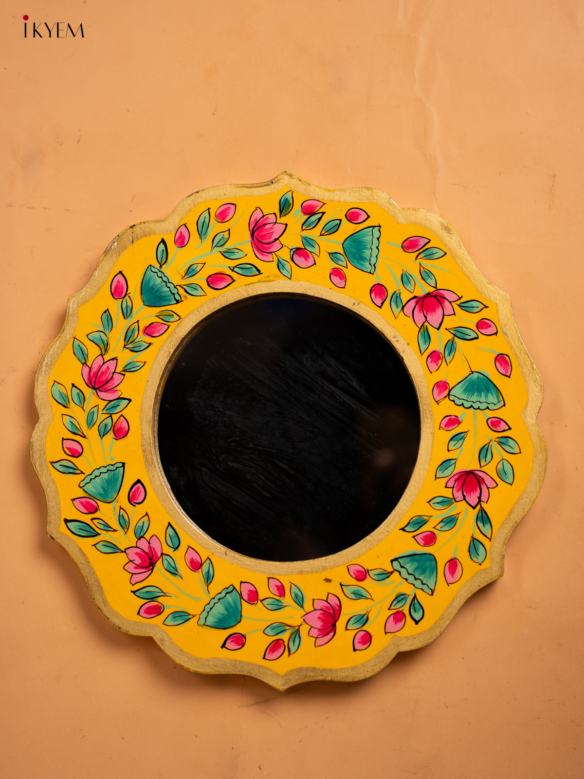 Wooden Hand Painted Round Mirror Frame - 11 inch - Yellow - KA30152