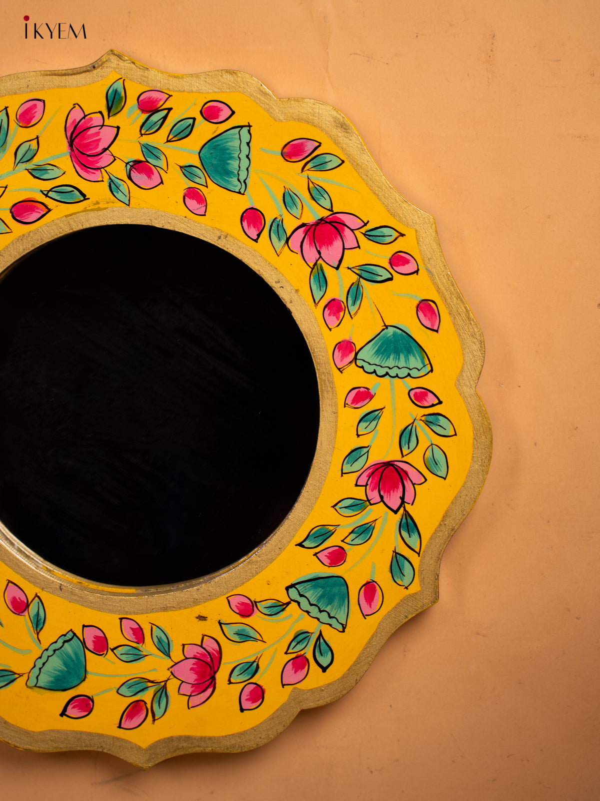 Wooden Hand Painted Round Mirror Frame - 11 inch - Yellow - KA30152