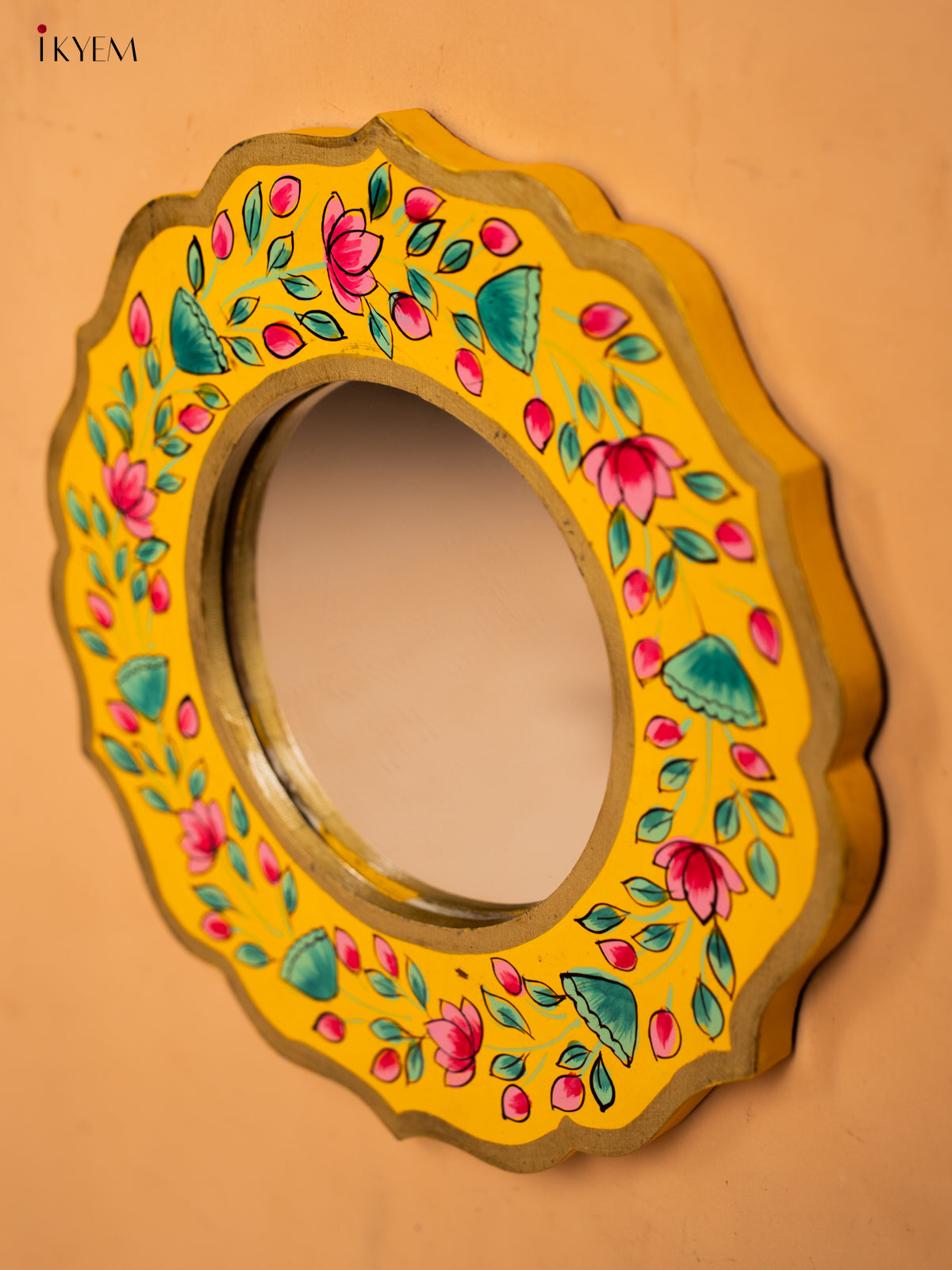 Wooden Hand Painted Round Mirror Frame - 11 inch - Yellow - KA30152