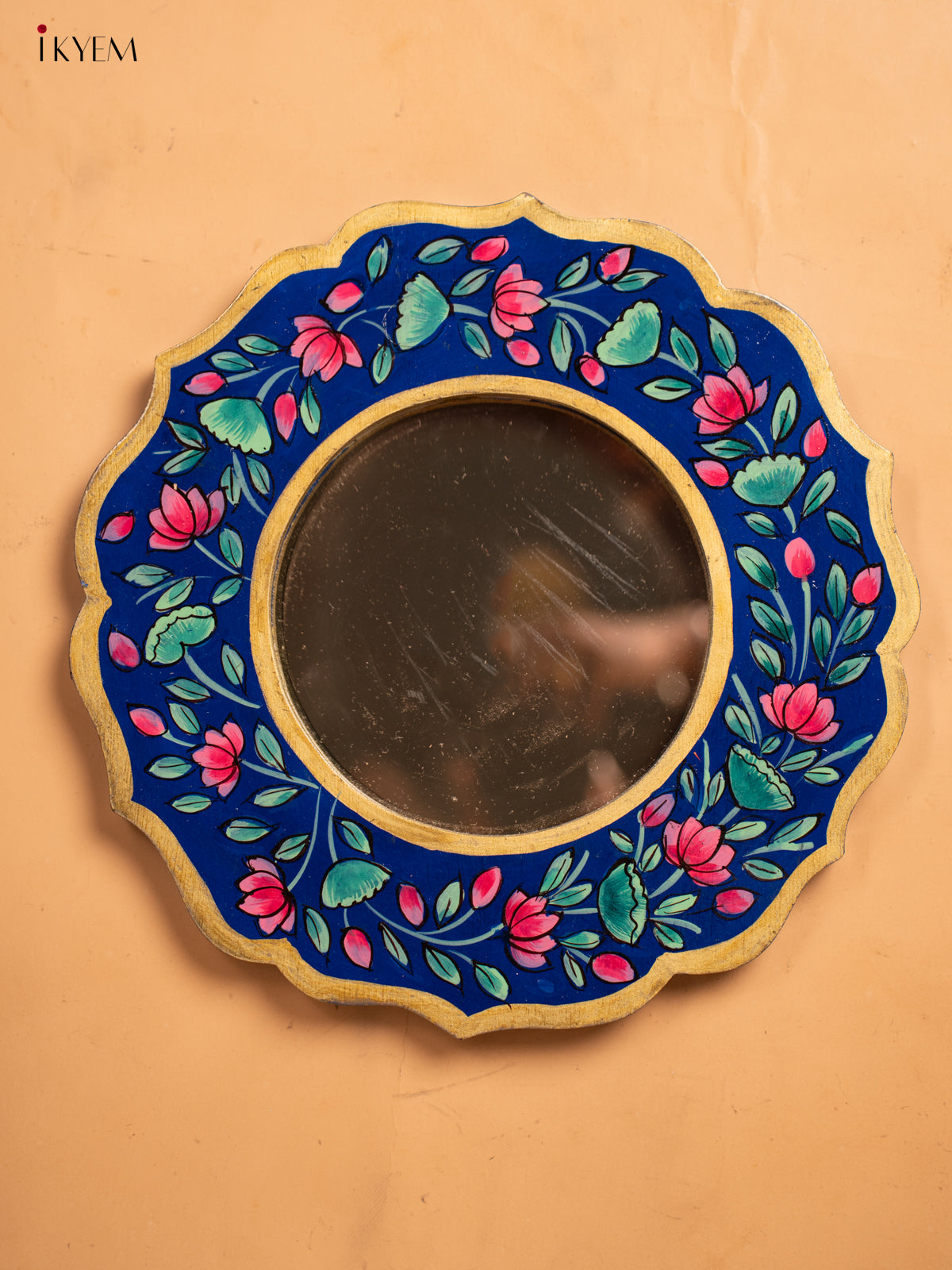 Wooden Hand Painted Round Mirror Frame - 11 inch - Blue -KA30153