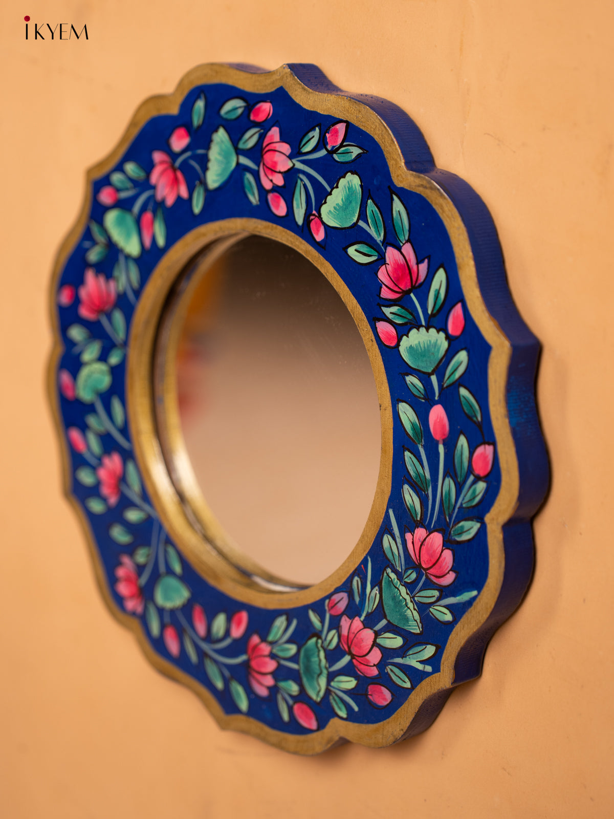 Wooden Hand Painted Round Mirror Frame - 11 inch - Blue -KA30153