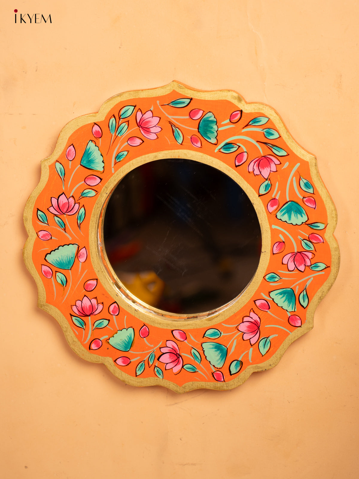 Wooden Hand Painted Round Mirror Frame - 11 inch - Orange - KA30154