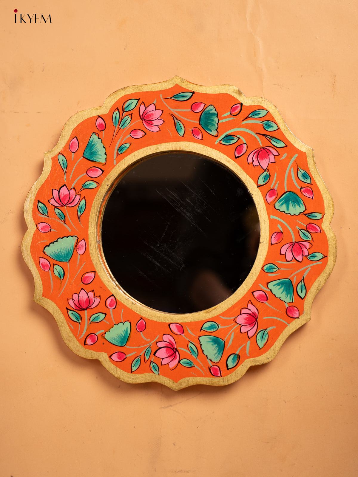 Wooden Hand Painted Round Mirror Frame - 11 inch - Orange - KA30154