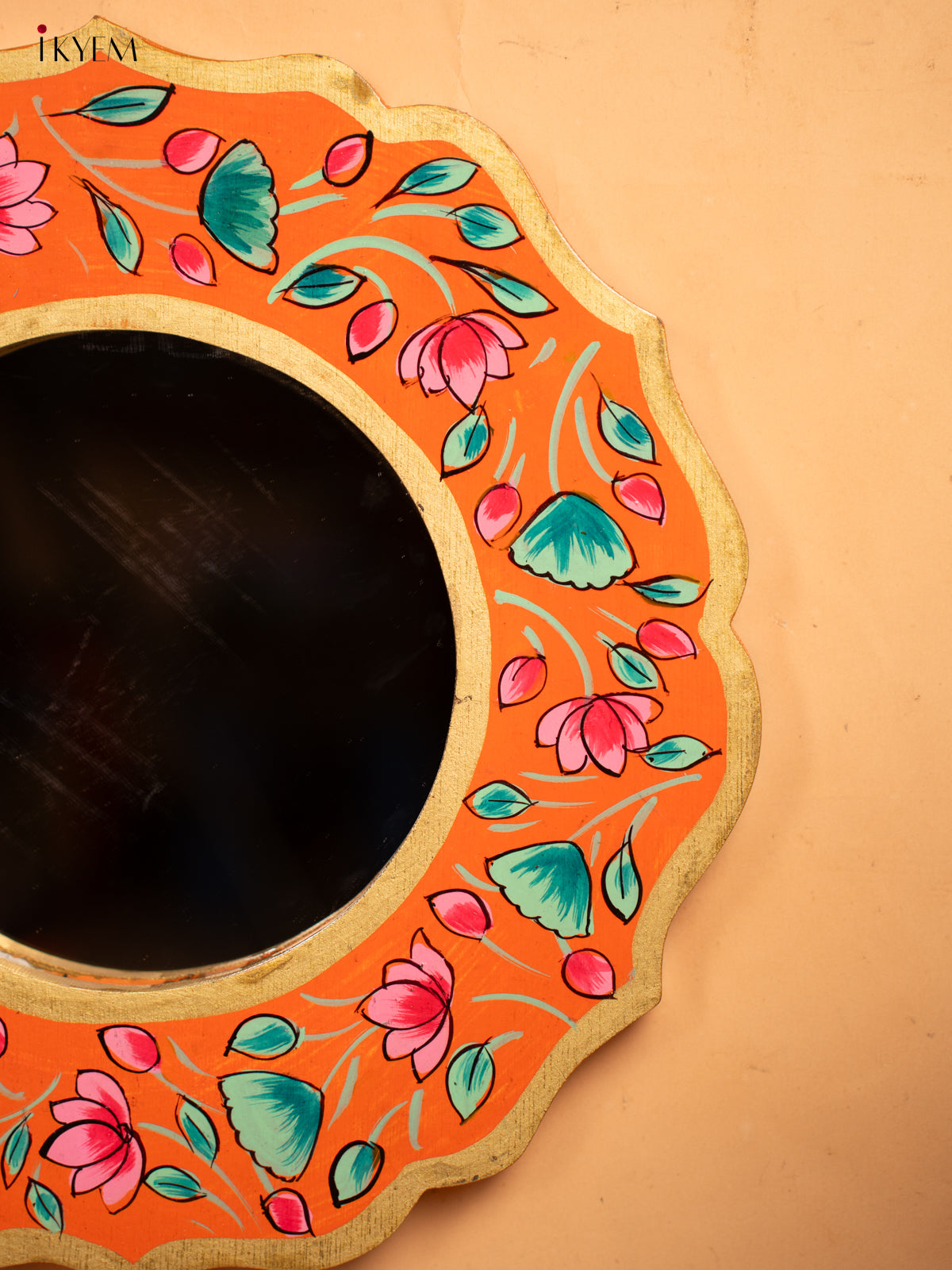 Wooden Hand Painted Round Mirror Frame - 11 inch - Orange - KA30154