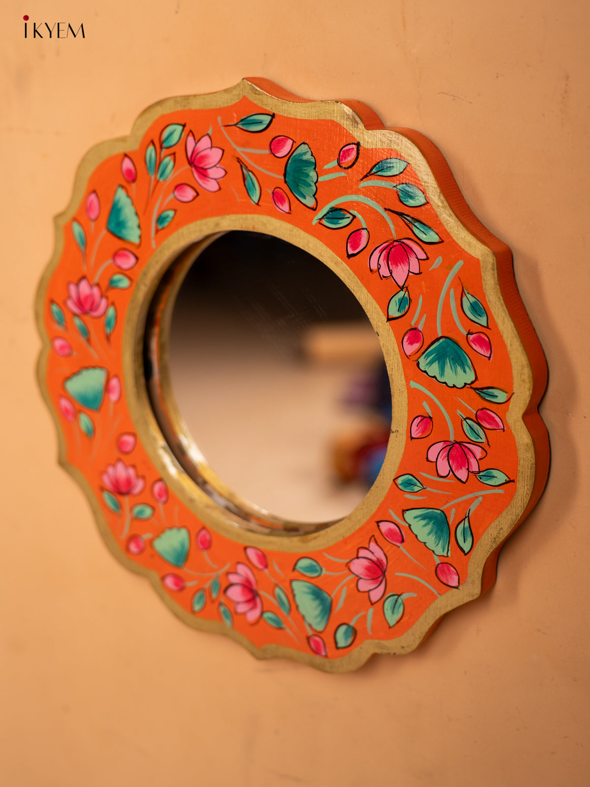 Wooden Hand Painted Round Mirror Frame - 11 inch - Orange - KA30154