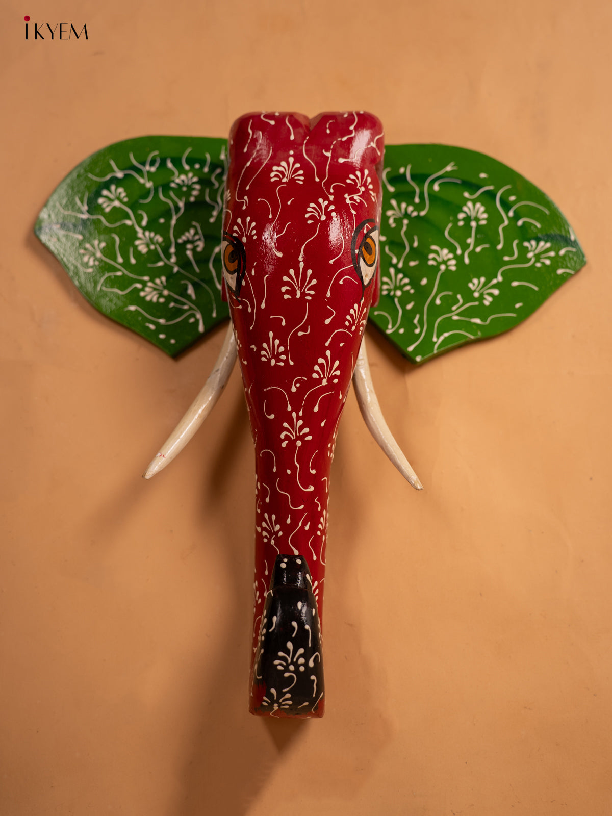 Wooden Hand Painted Elephant Head with Trunk - KA30162