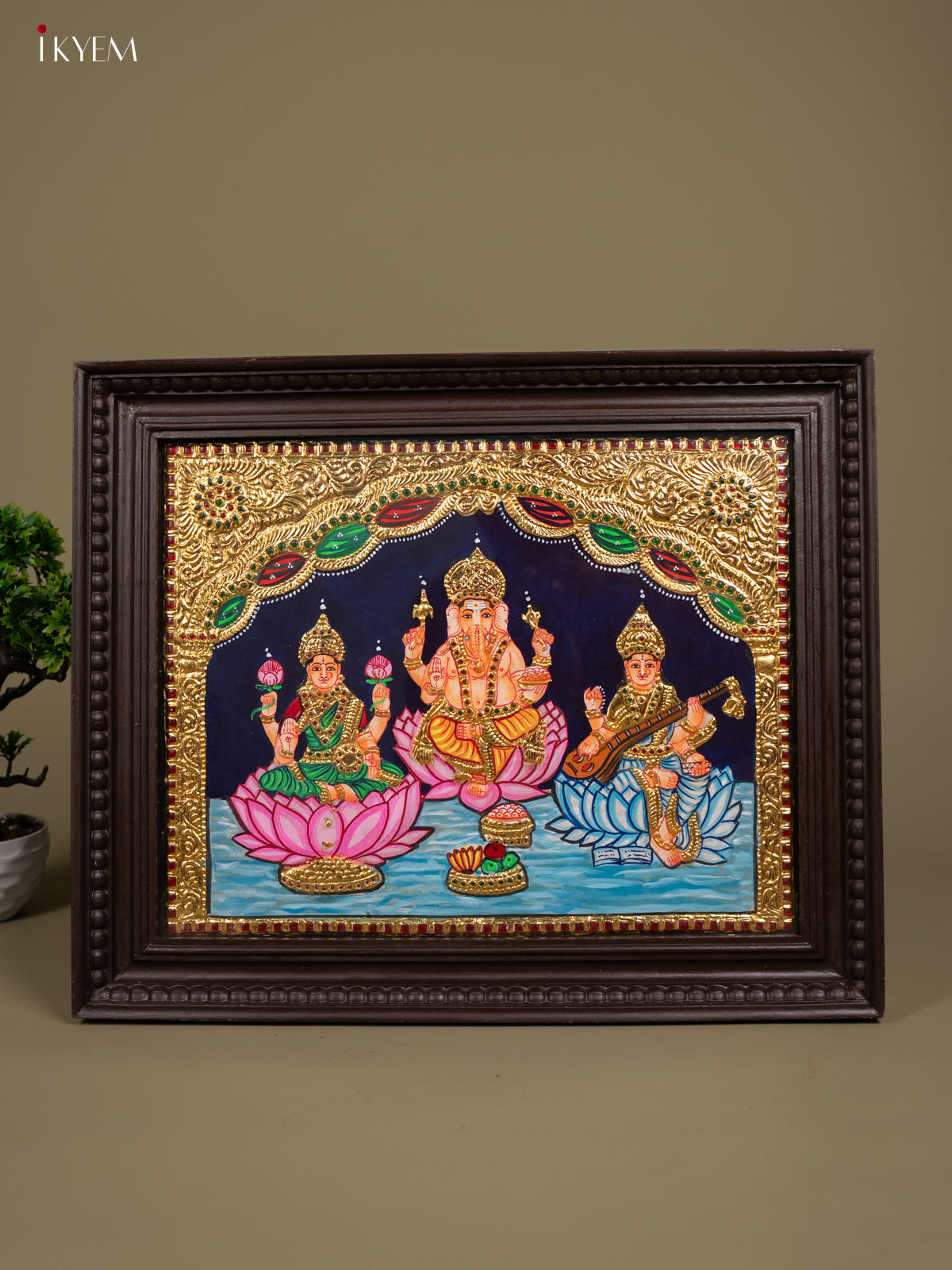 Ganesha Saraswati Lakshmi - Tanjore Painting (20x24) - KB01156