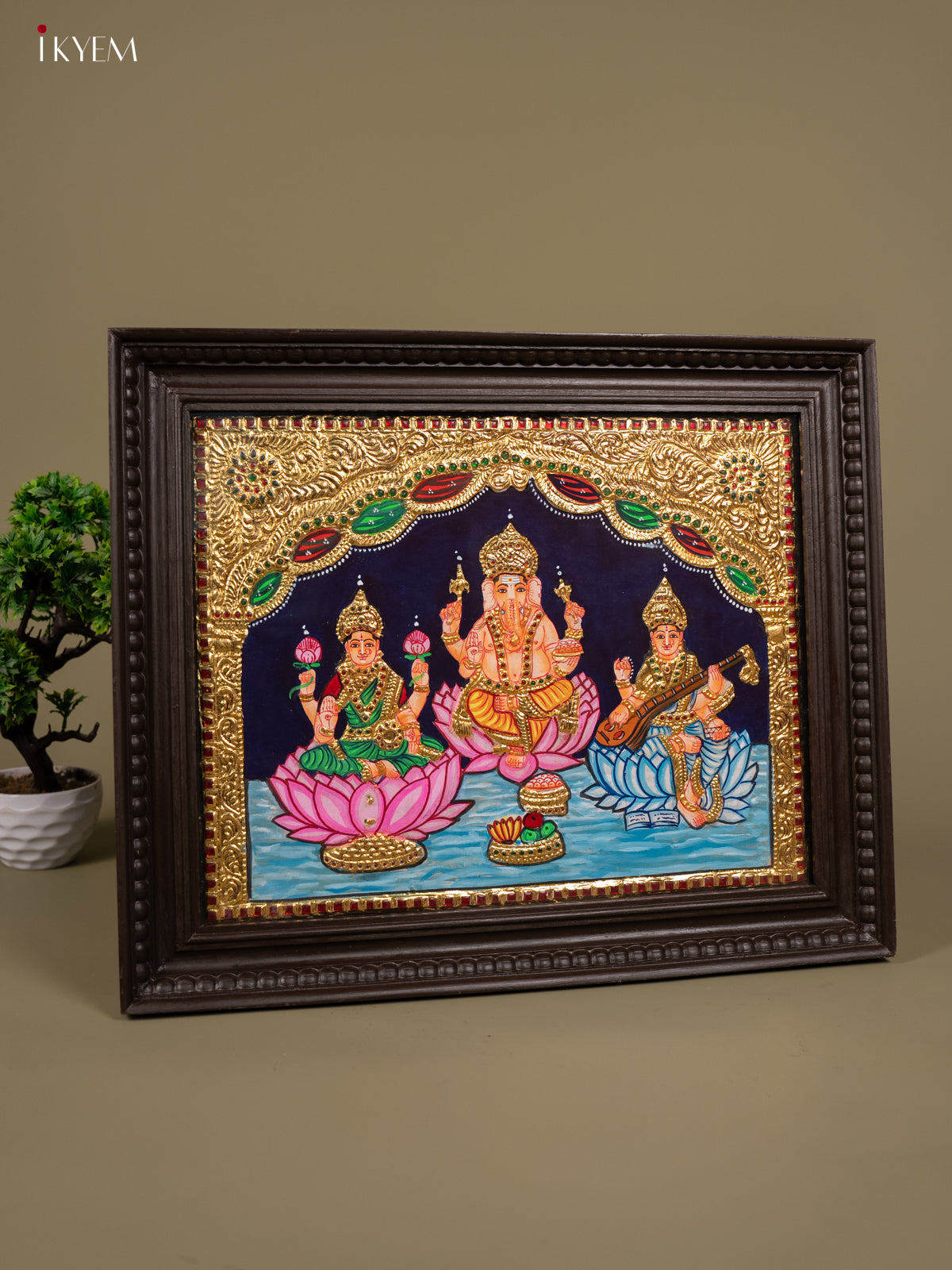 Ganesha Saraswati Lakshmi - Tanjore Painting (20x24) - KB01156