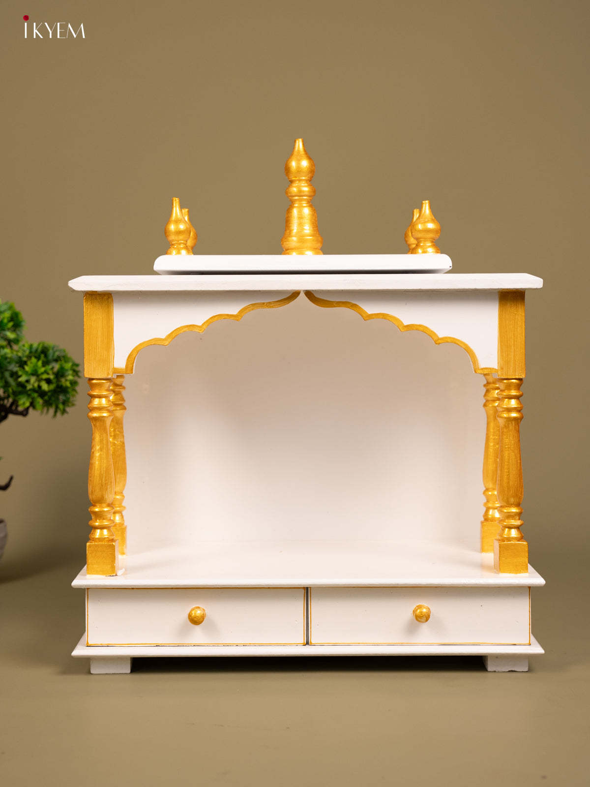 Wooden Hand Painted Mandir with 2 Drawers white & Gold - KB04115