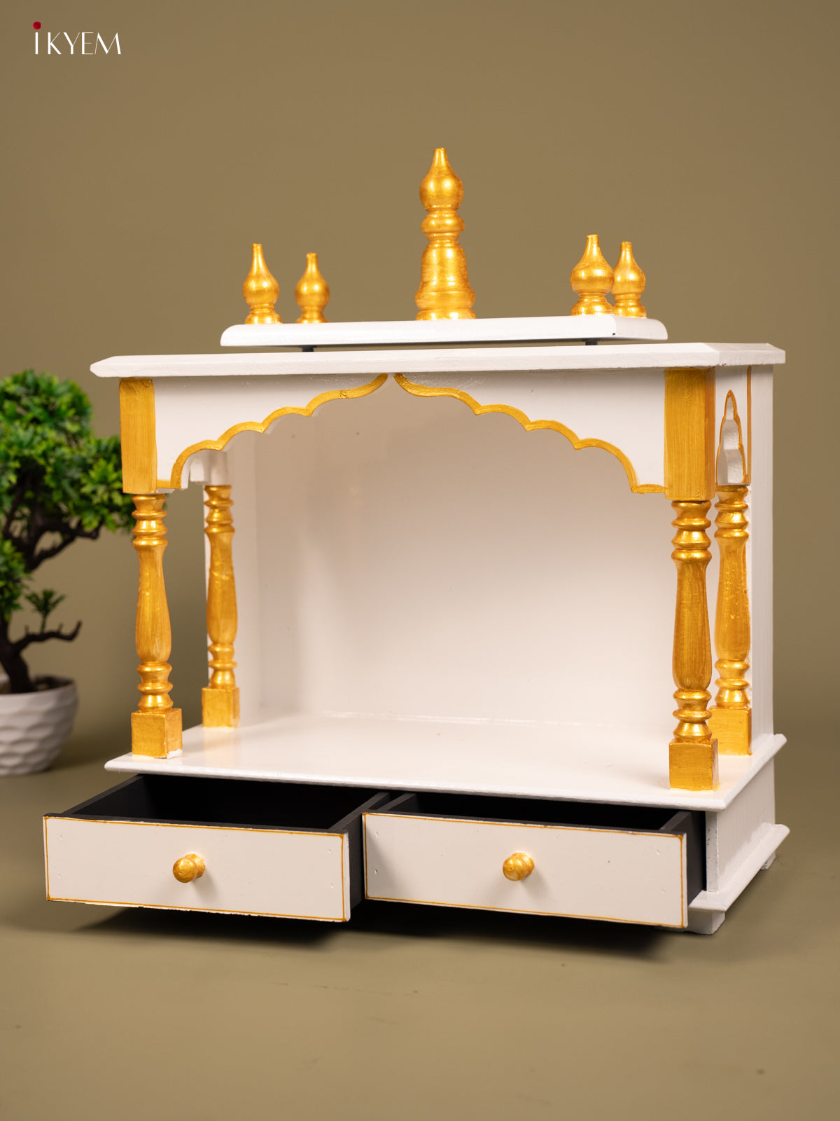 Wooden Hand Painted Mandir with 2 Drawers - 22 Inch white & Gold - KB04115