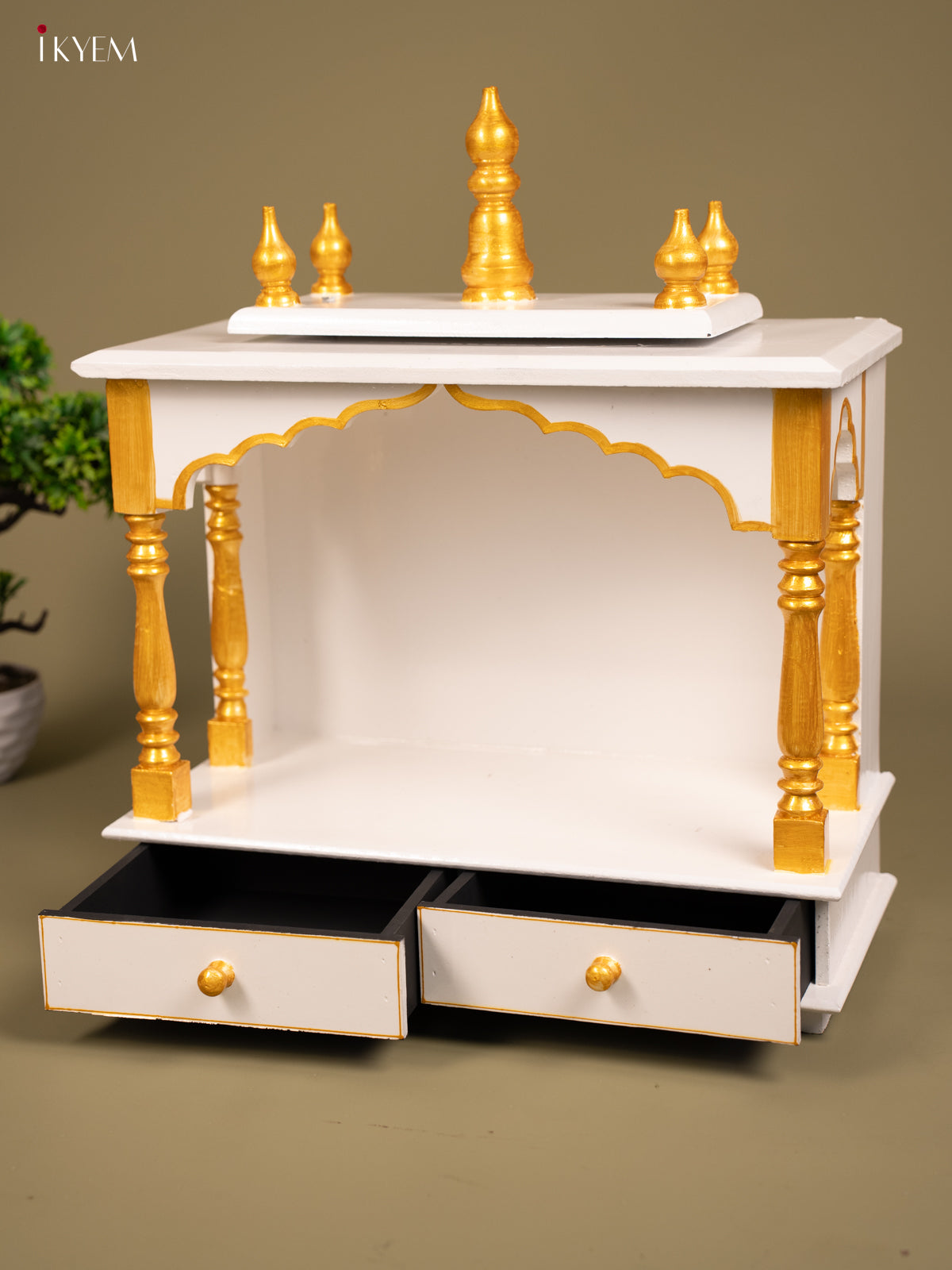 Wooden Hand Painted Mandir with 2 Drawers white & Gold - KB04115