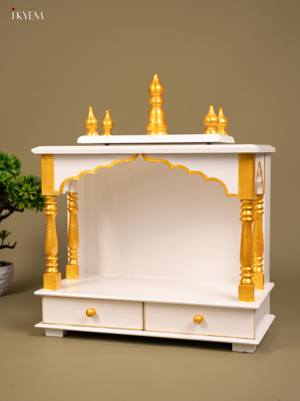 Wooden Hand Painted Mandir with 2 Drawers white & Gold - KB04115