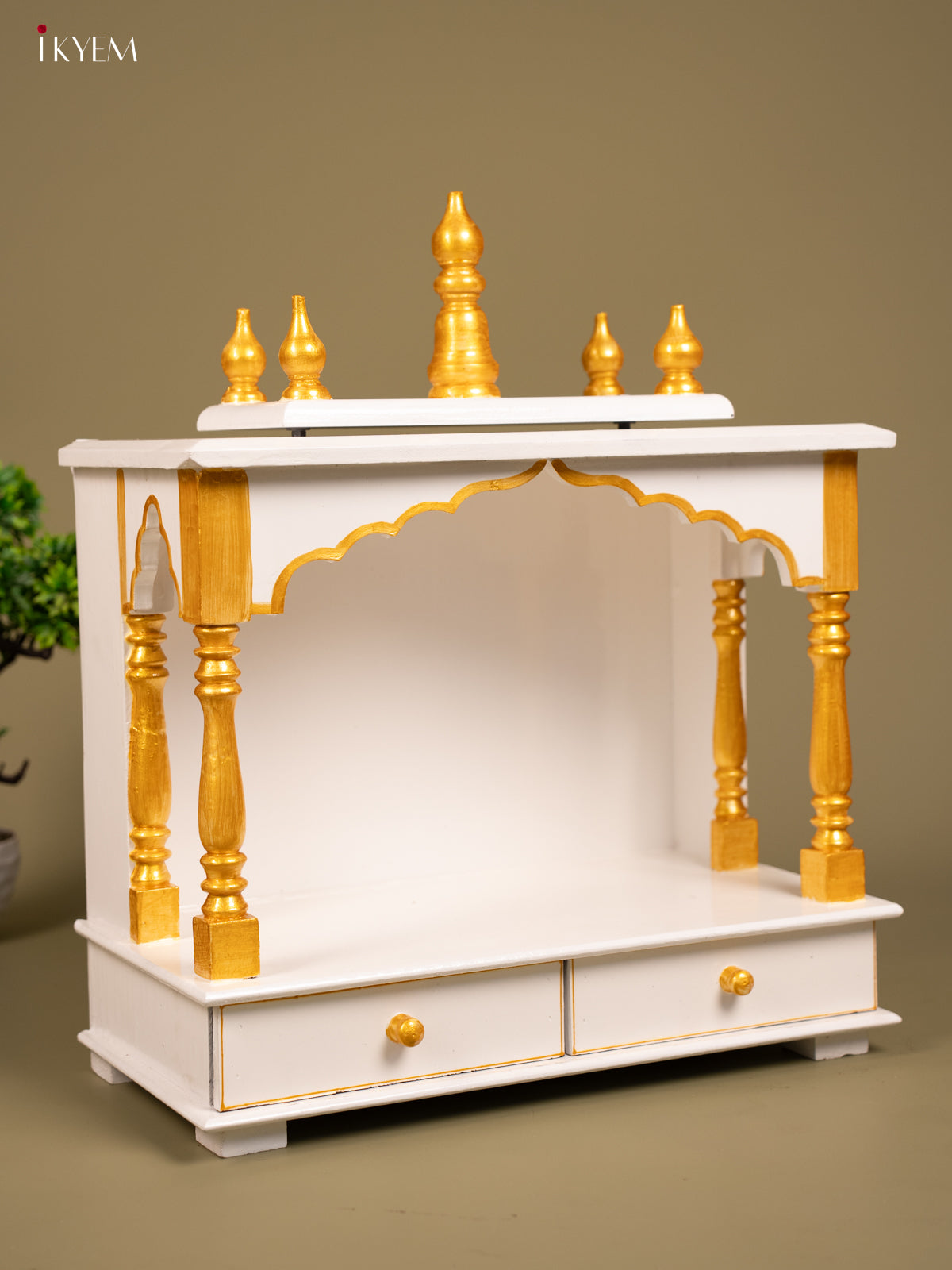 Wooden Hand Painted Mandir with 2 Drawers white & Gold - KB04115