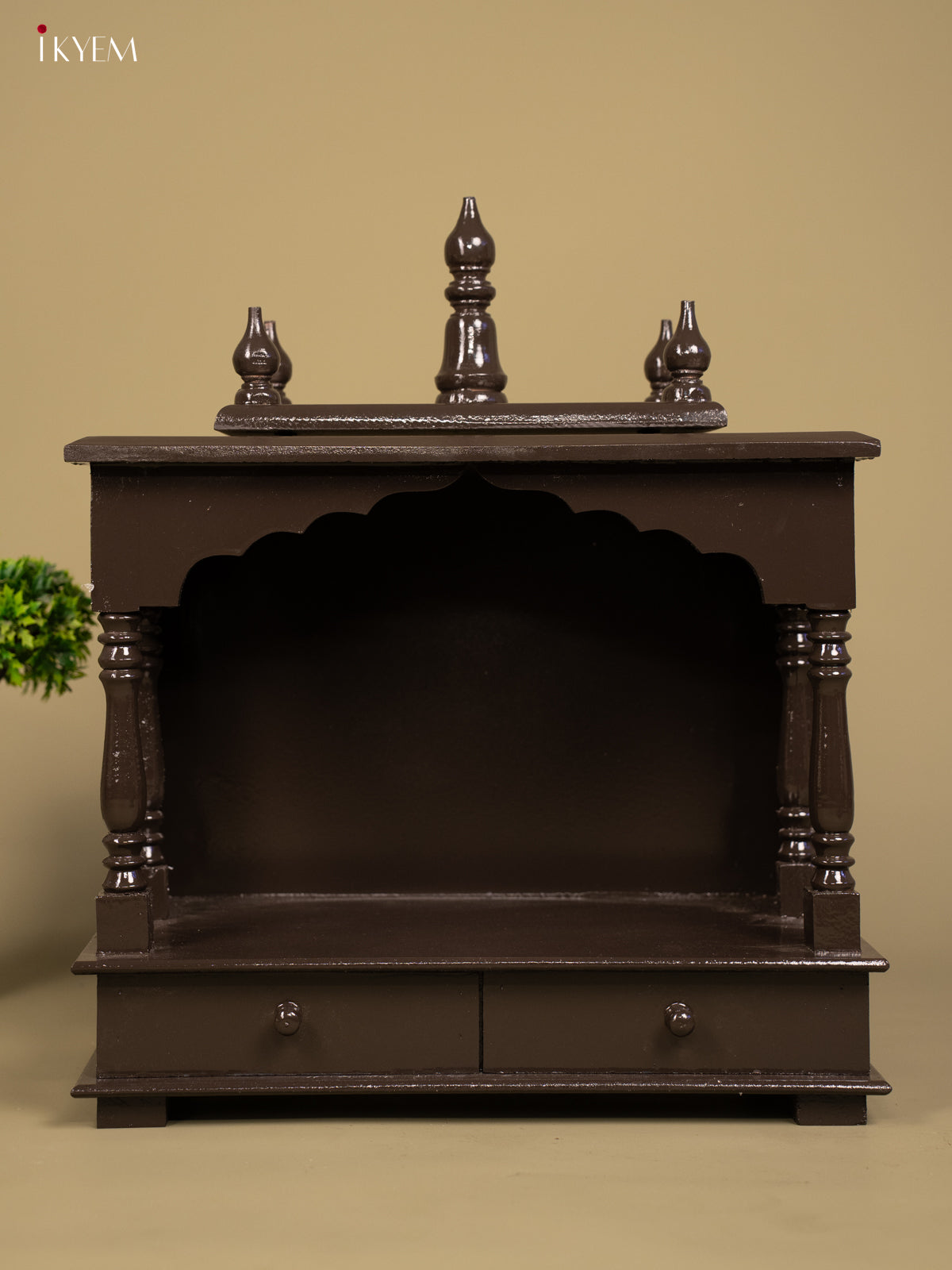 Wooden Hand Painted Mandir with 2 Drawers -22 Inch- Brown - KB04116