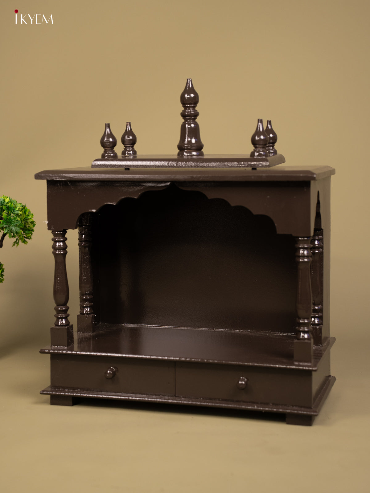 Wooden Hand Painted Mandir with 2 Drawers -22 Inch- Brown - KB04116