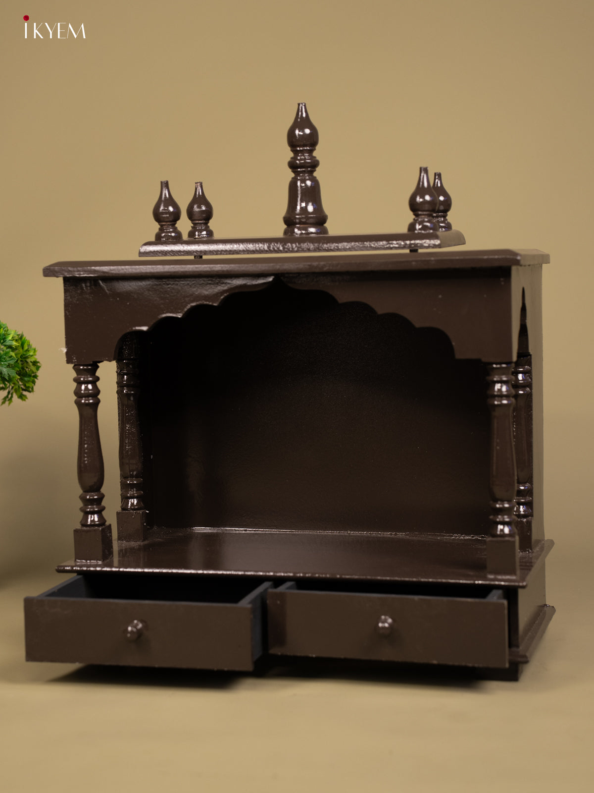 Wooden Hand Painted Mandir with 2 Drawers - Brown - KB04116