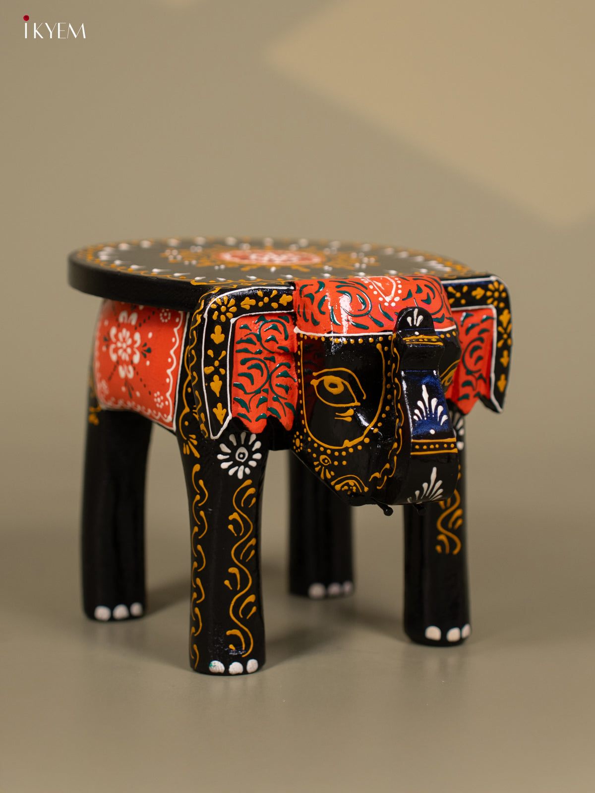 Wooden Hand Painted Elephant Stool Black 6 Inch - KB04117