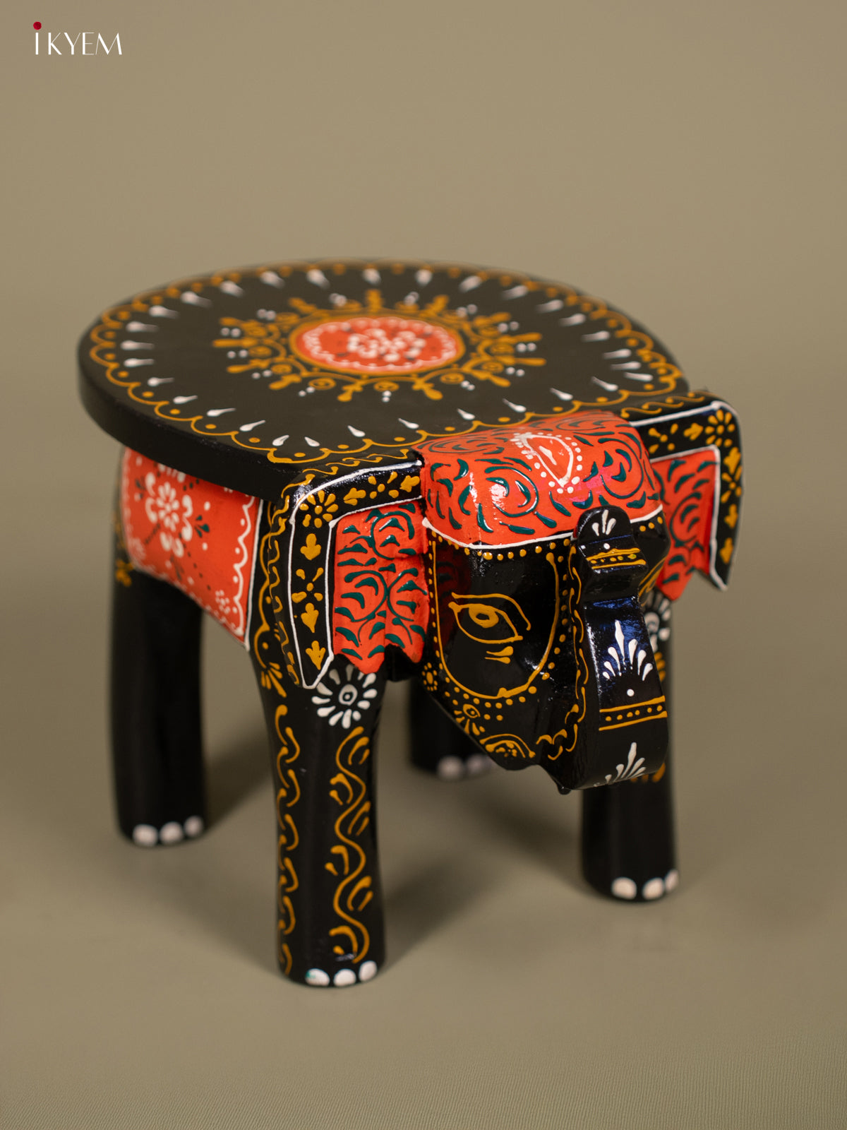 Wooden Hand Painted Elephant Stool Black 6 Inch - KB04117