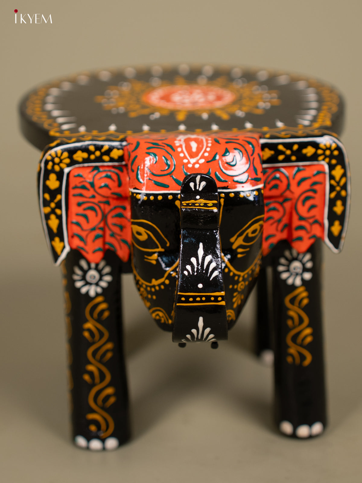 Wooden Hand Painted Elephant Stool Black 6 Inch - KB04117