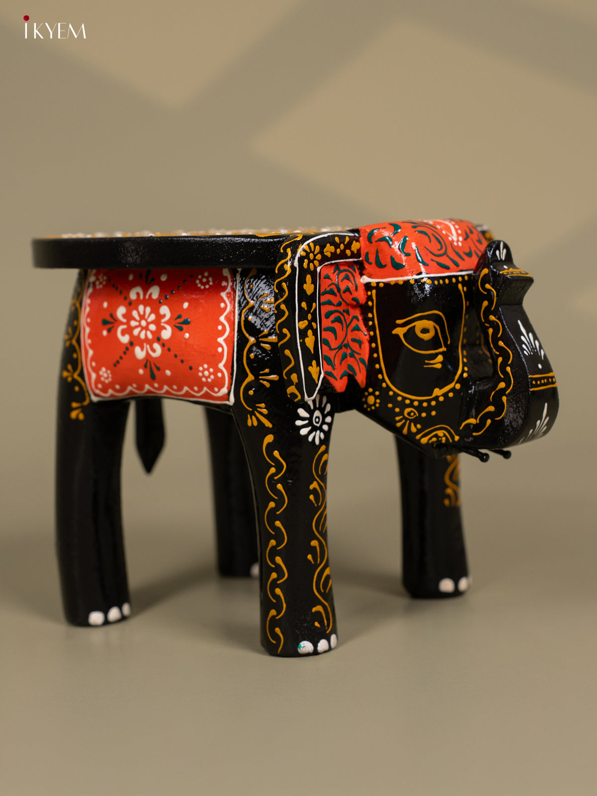 Wooden Hand Painted Elephant Stool Black 6 Inch - KB04117