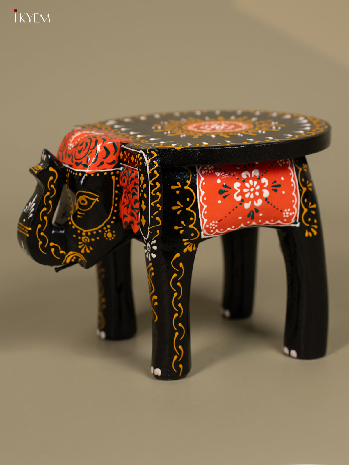 Wooden Hand Painted Elephant Stool Black 6 Inch - KB04117