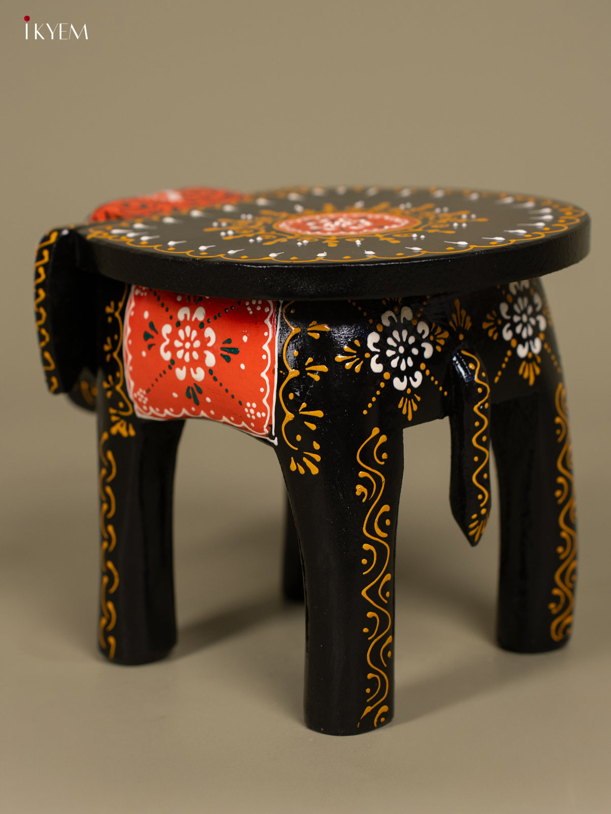 Wooden Hand Painted Elephant Stool Black 6 Inch - KB04117