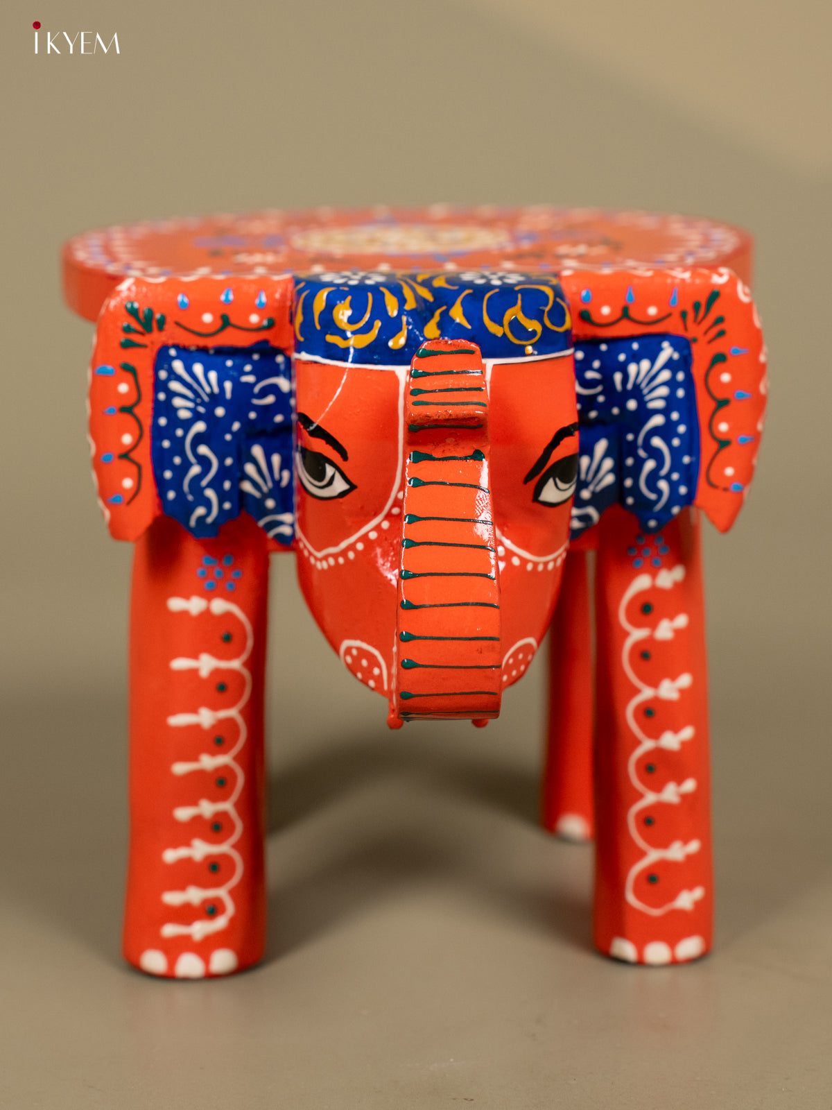 Wooden Hand Painted Elephant Stool Orange 6 Inch - KB04118