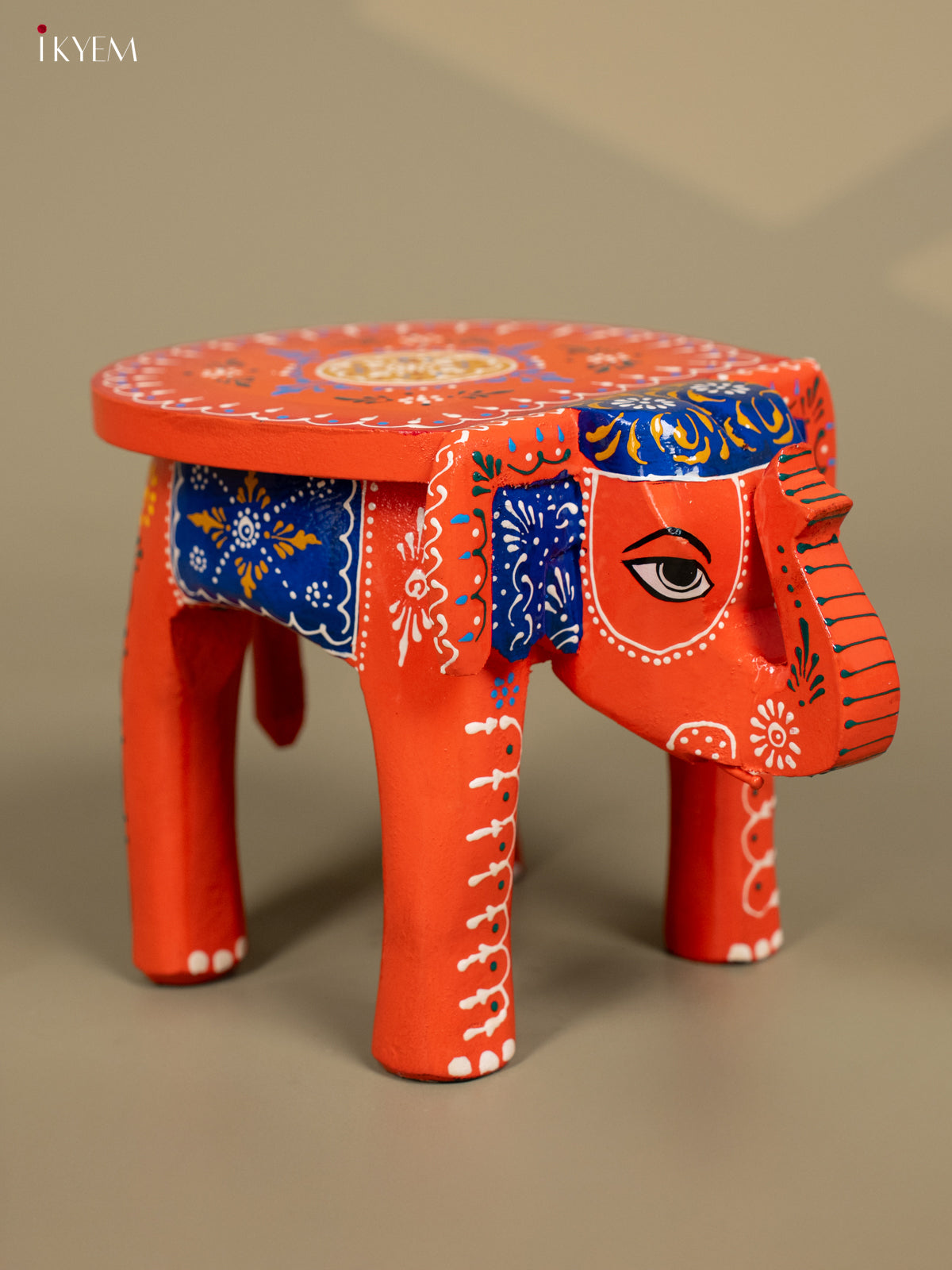 Wooden Hand Painted Elephant Stool Orange 6 Inch - KB04118