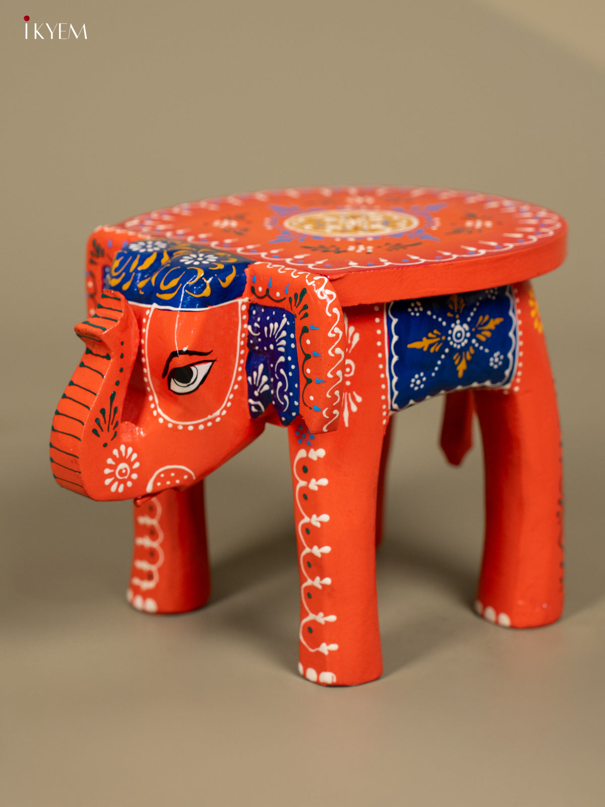 Wooden Hand Painted Elephant Stool Orange 6 Inch - KB04118