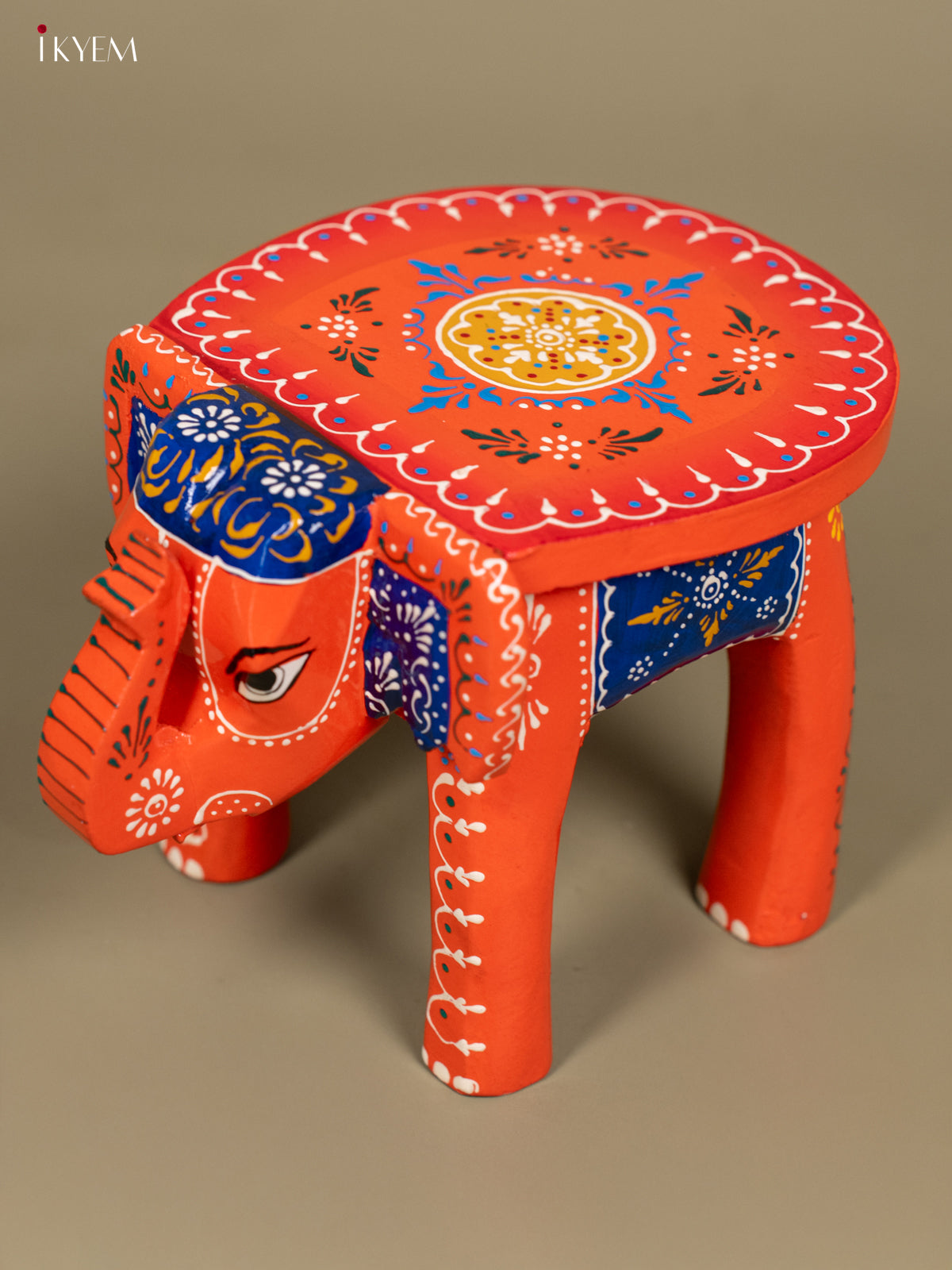 Wooden Hand Painted Elephant Stool Orange 6 Inch - KB04118