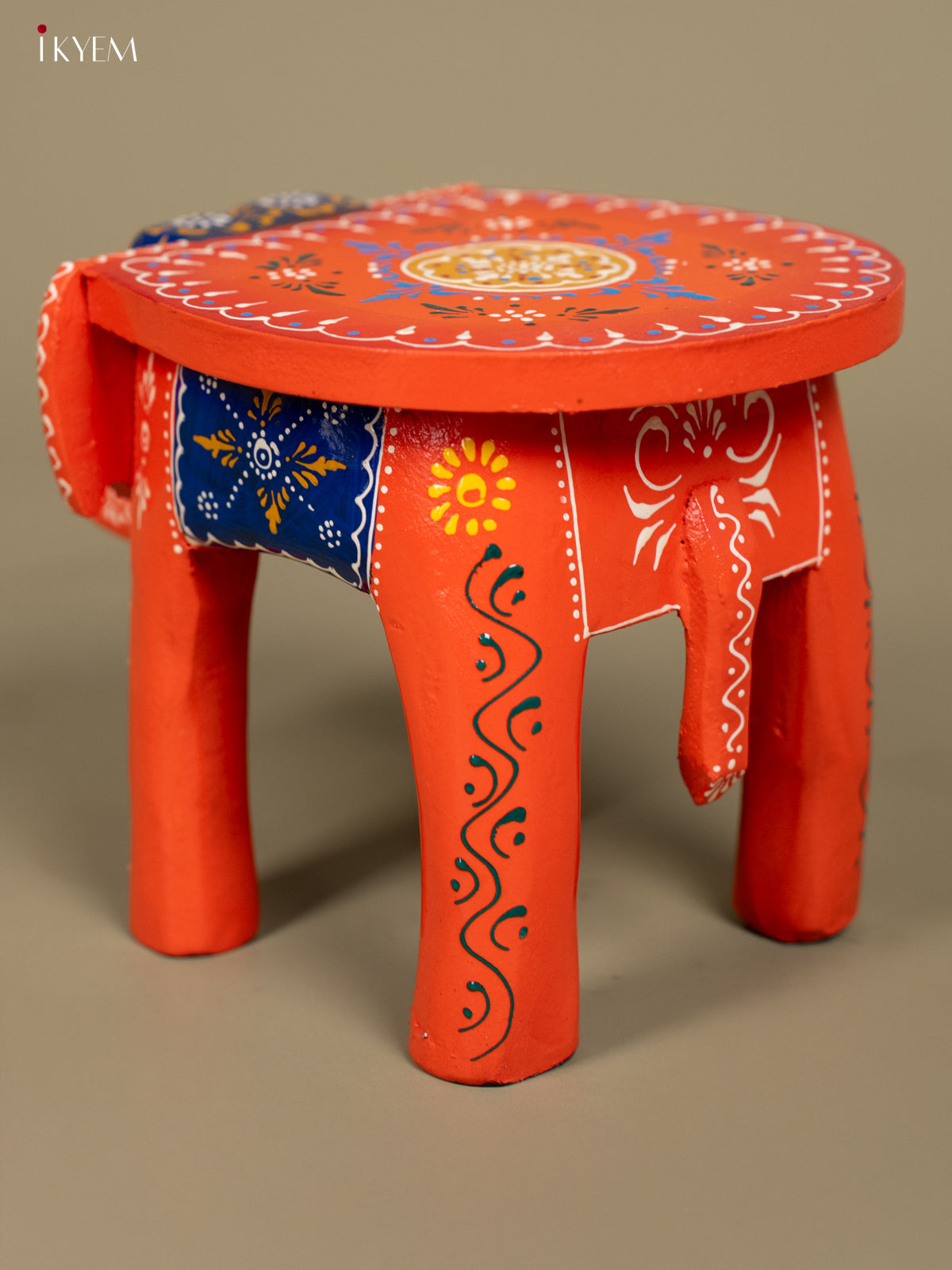 Wooden Hand Painted Elephant Stool Orange 6 Inch - KB04118