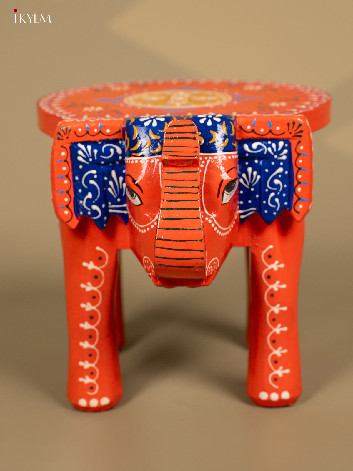 Wooden Hand Painted Elephant Stool Orange 8 Inch - KB04119