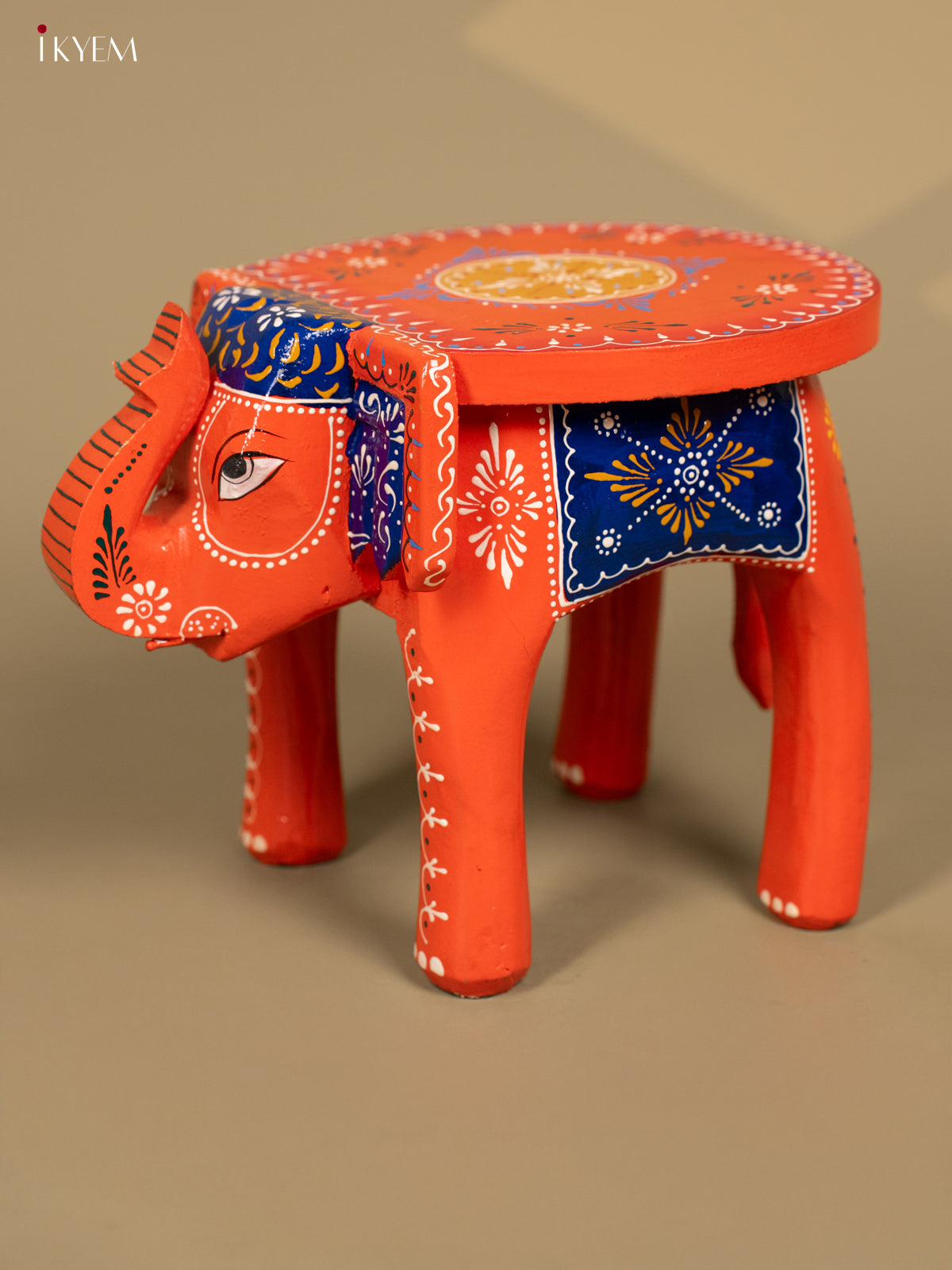 Wooden Hand Painted Elephant Stool Orange 8 Inch - KB04119