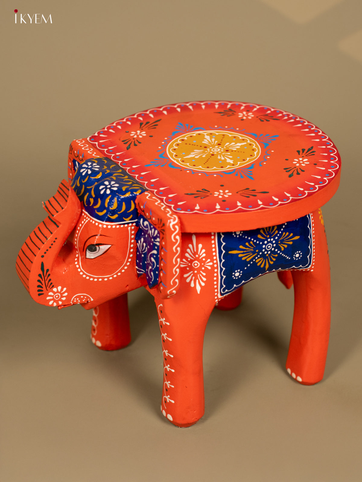 Wooden Hand Painted Elephant Stool Orange 8 Inch - KB04119