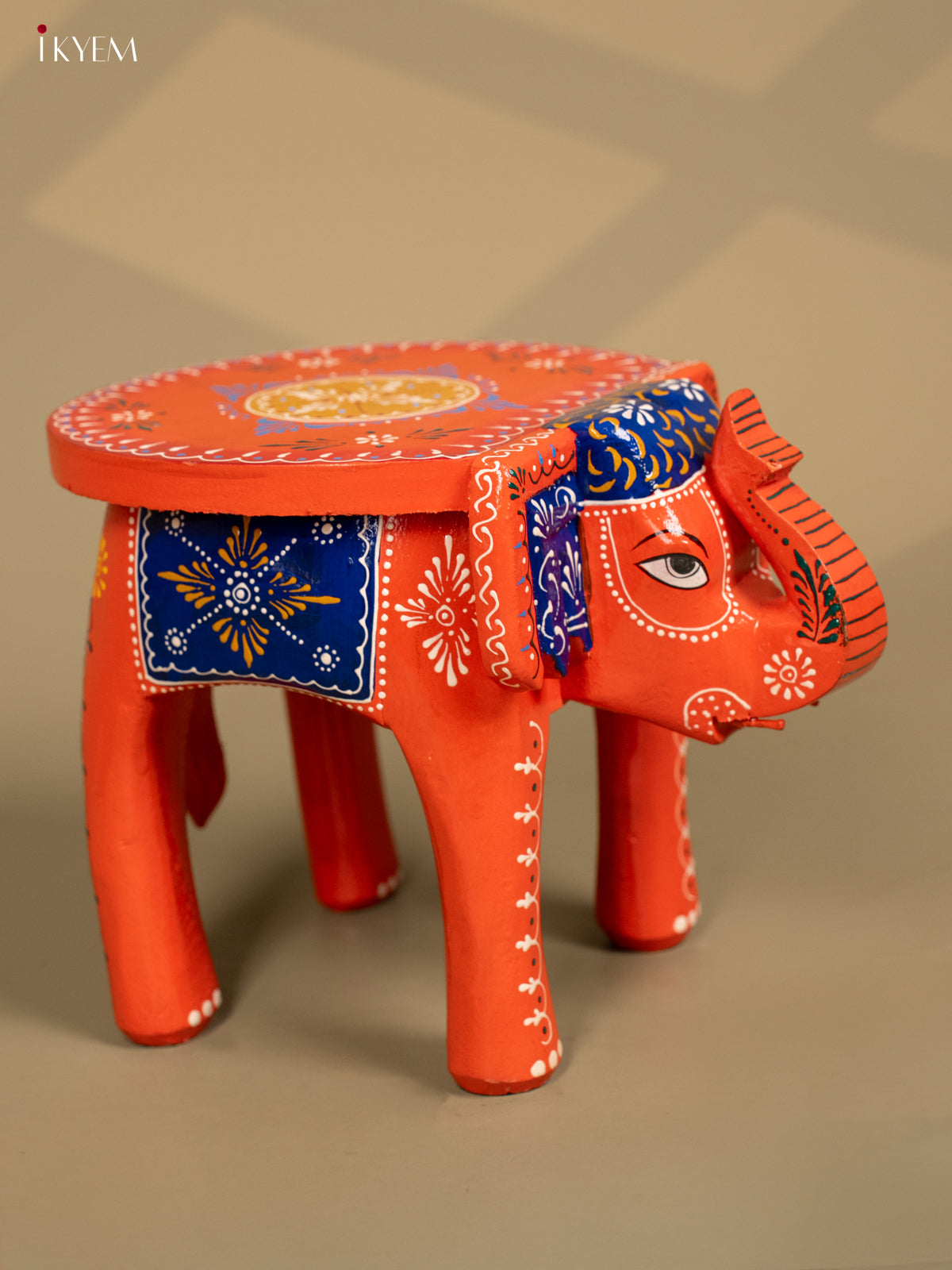 Wooden Hand Painted Elephant Stool Orange 8 Inch - KB04119