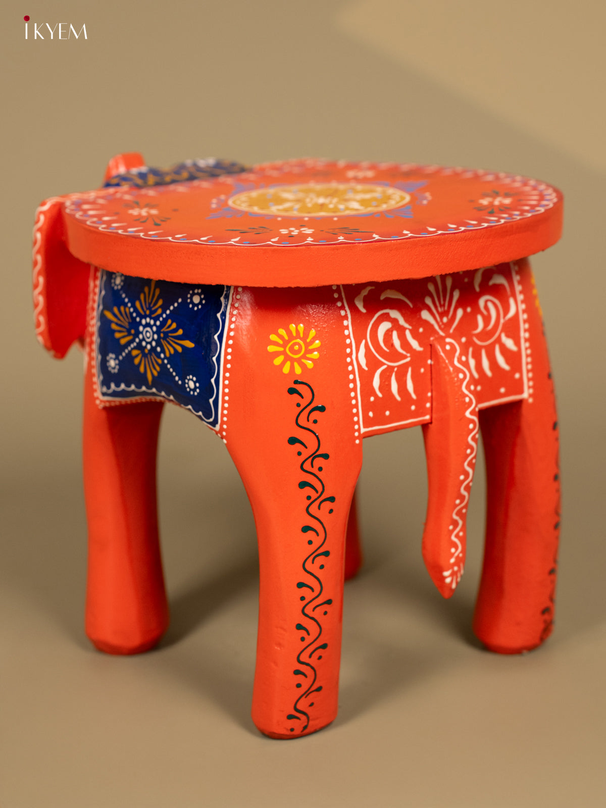 Wooden Hand Painted Elephant Stool Orange 8 Inch - KB04119