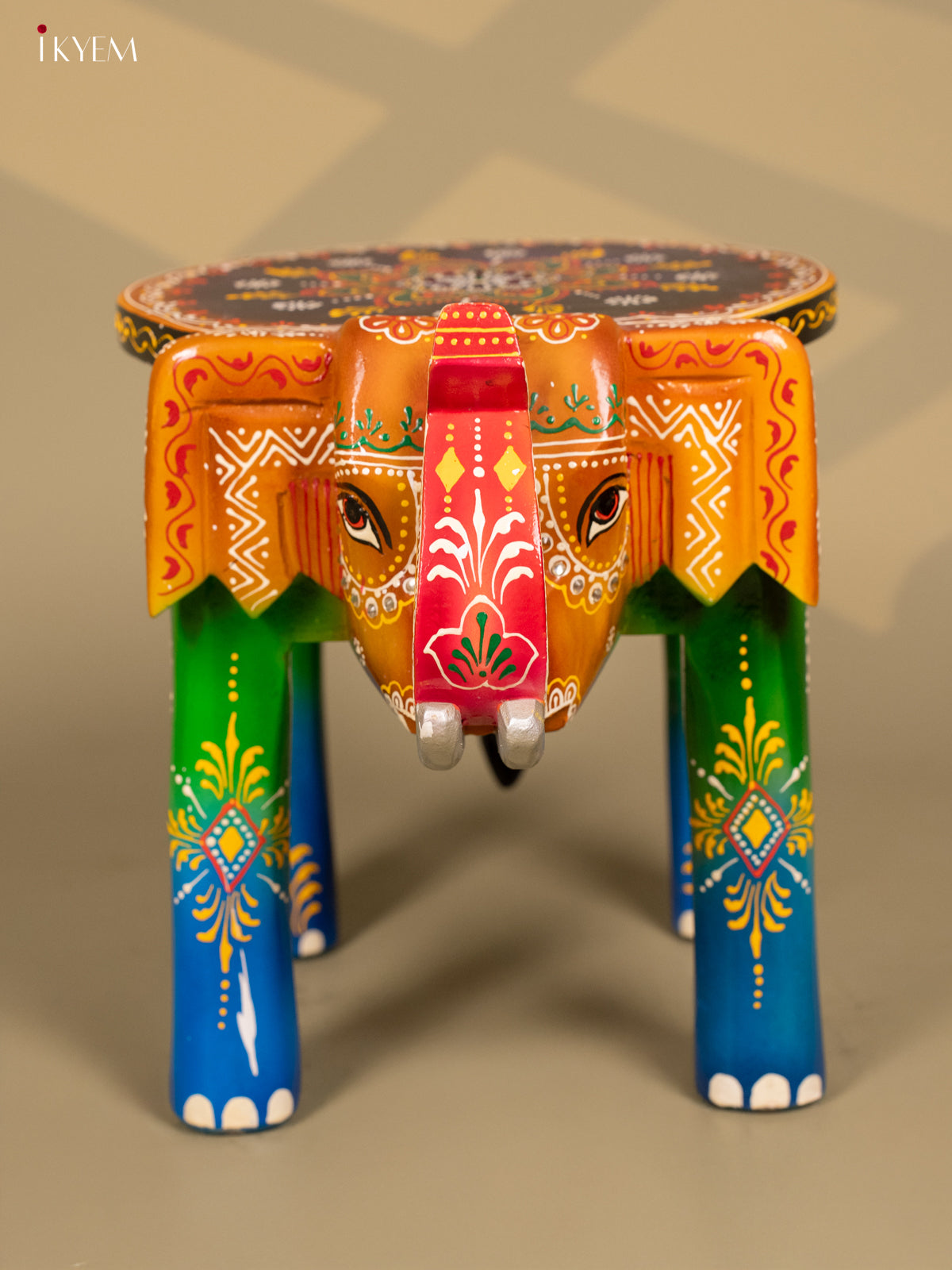 Wooden Hand Painted Elephant Stool Multi Colour - 12 Inch - KB04120