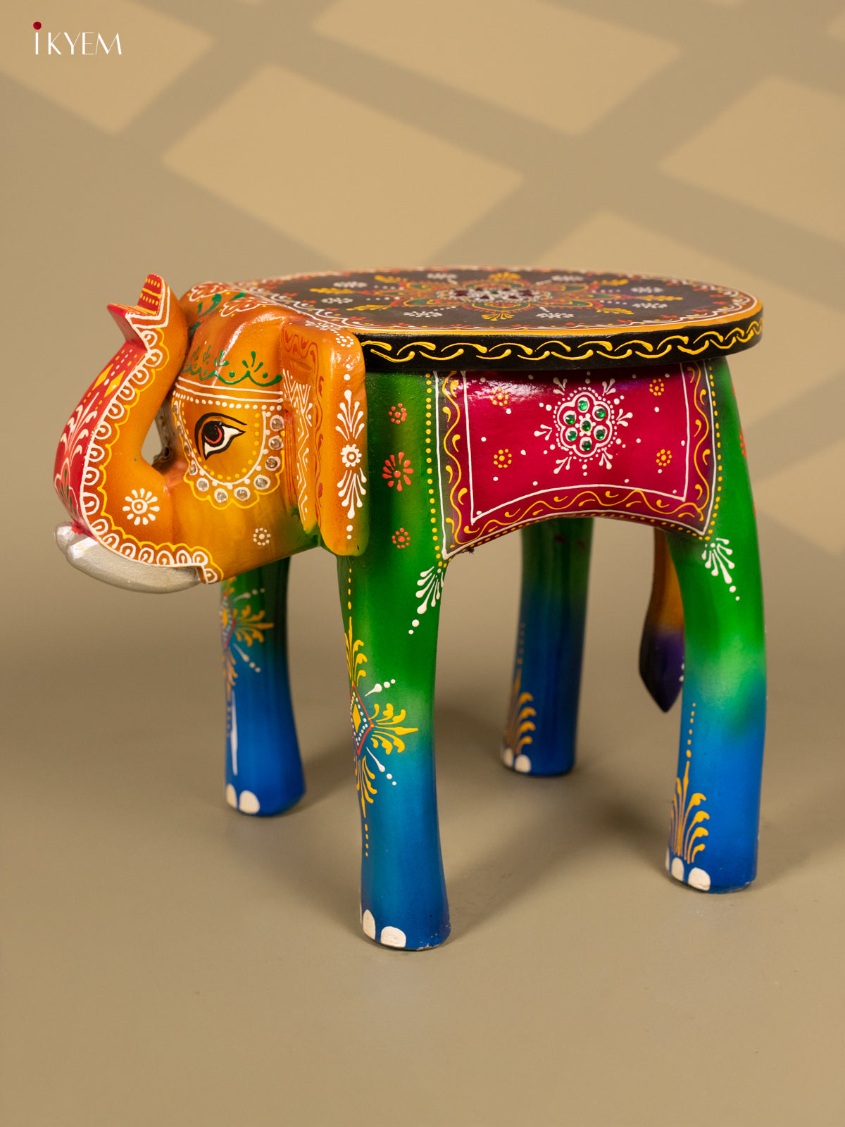 Wooden Hand Painted Elephant Stool Multi Colour - 12 Inch - KB04120