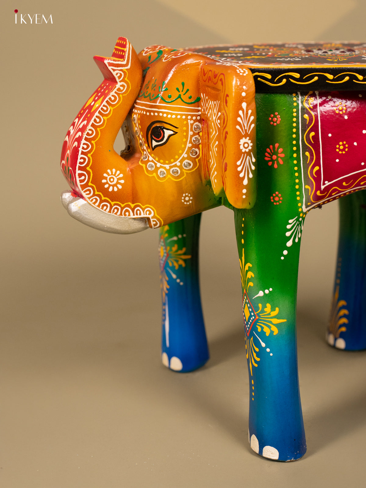 Wooden Hand Painted Elephant Stool Multi Colour - 12 Inch - KB04120