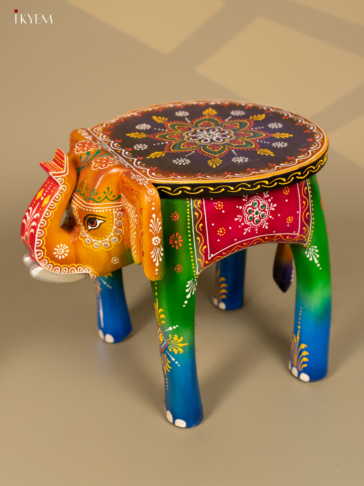 Wooden Hand Painted Elephant Stool Multi Colour - 12 Inch - KB04120