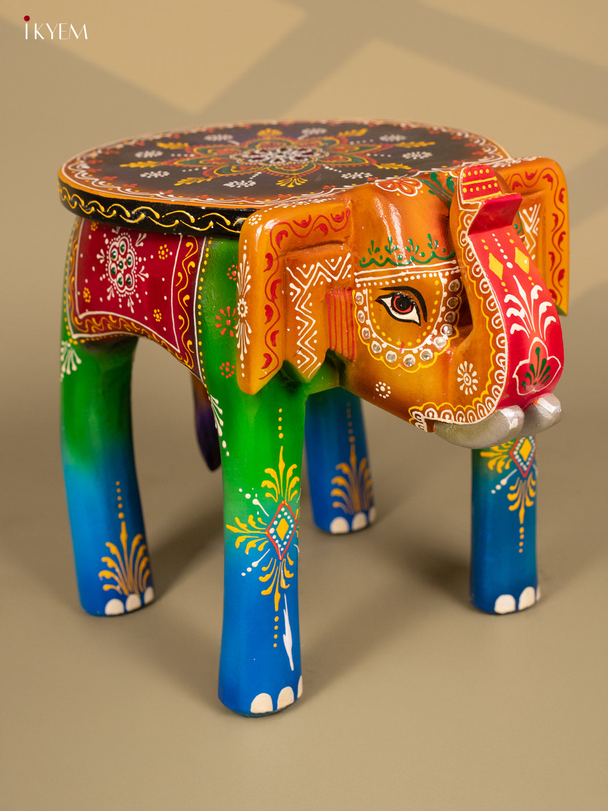 Wooden Hand Painted Elephant Stool Multi Colour - 12 Inch - KB04120